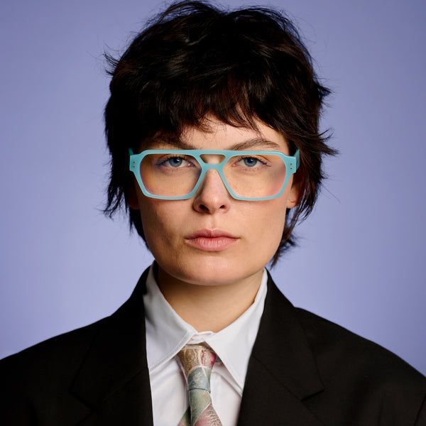 Ego optical glasses in opal blue from Ameos Eyewear.