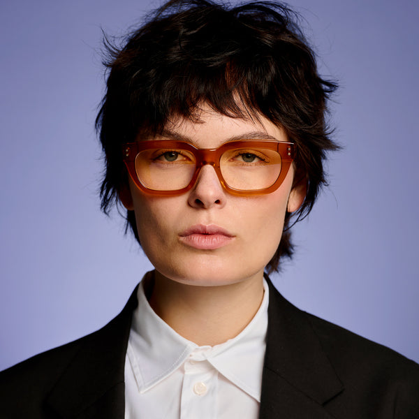 Ameos Forever collection Eli optical glasses. Transparent caramel frames, unisex eyewear.