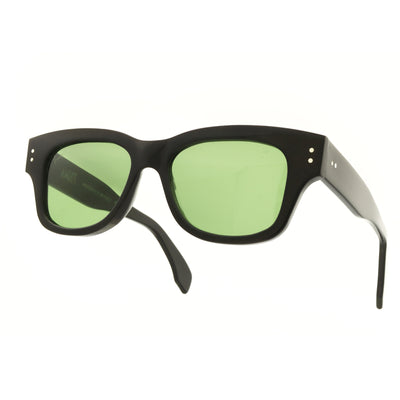 Ameos Forever collection Rio model. Black frames with dark green lenses. Front view. Genderless, gender neutral eyewear
