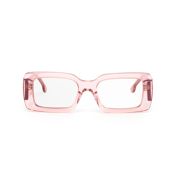 Ameos eyewear sasha optical glasses in pink transparent frames. Unisex and handmade in Italy.