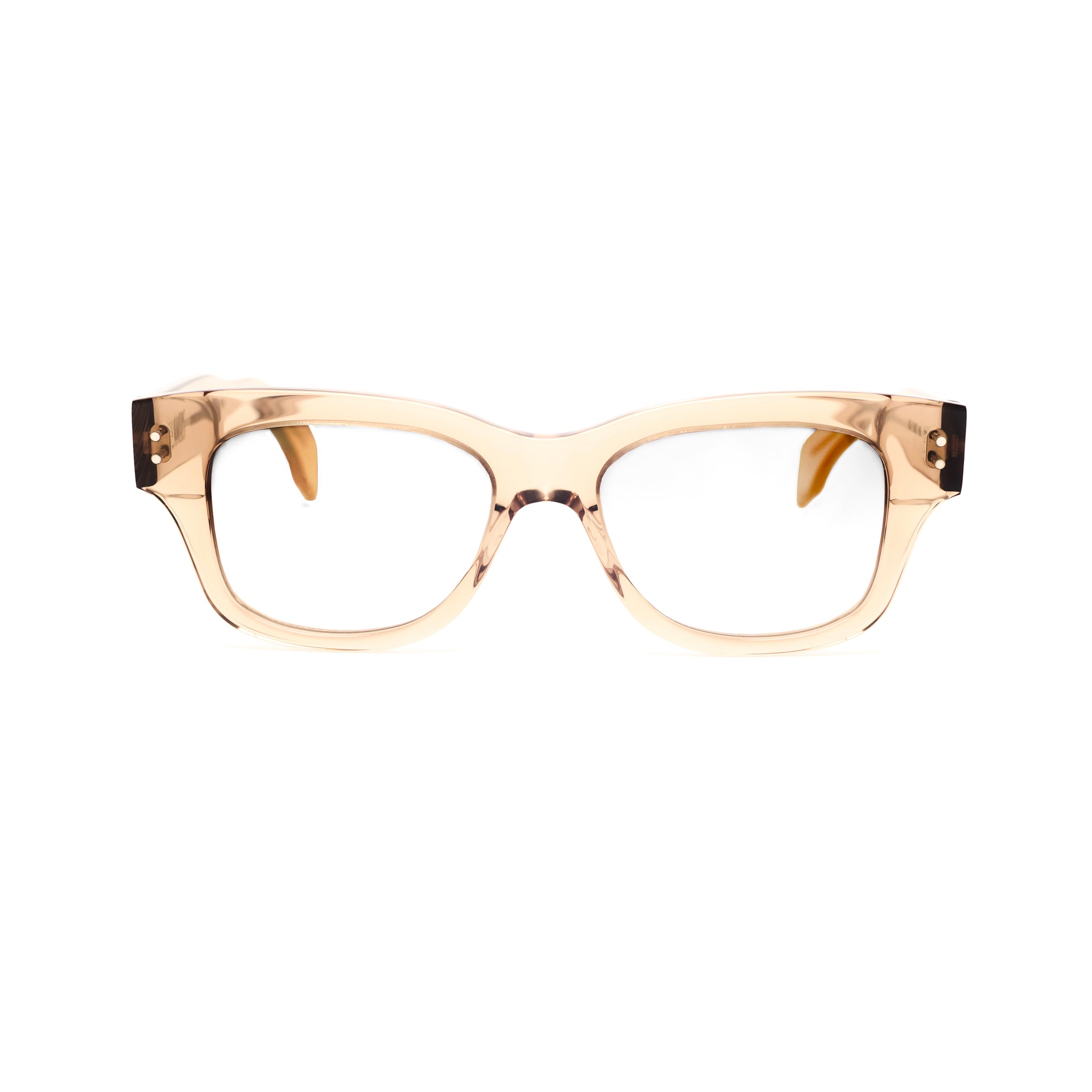Ameos Eyewear Lou model optical. Beige transparent frames with brown lenses. Front view temples crossed. Genderless, gender neutral eyewear