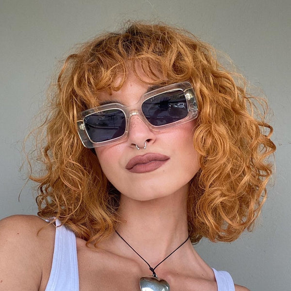 transparent rectangular frames with blue lenses sunglasses