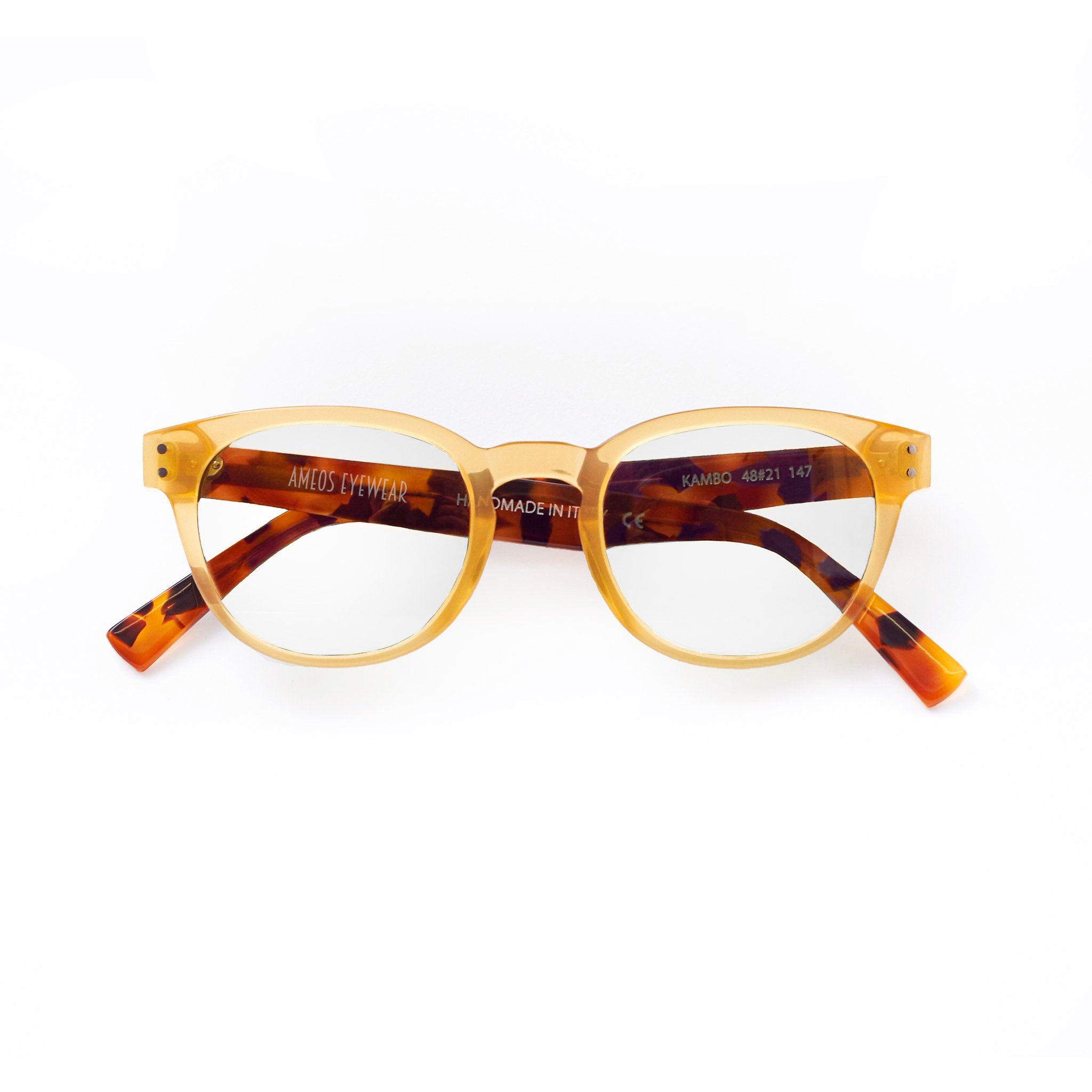 Ameos eyewear kambo optical glasses in yellow and tortoise frames, unisex and handmade in italy.