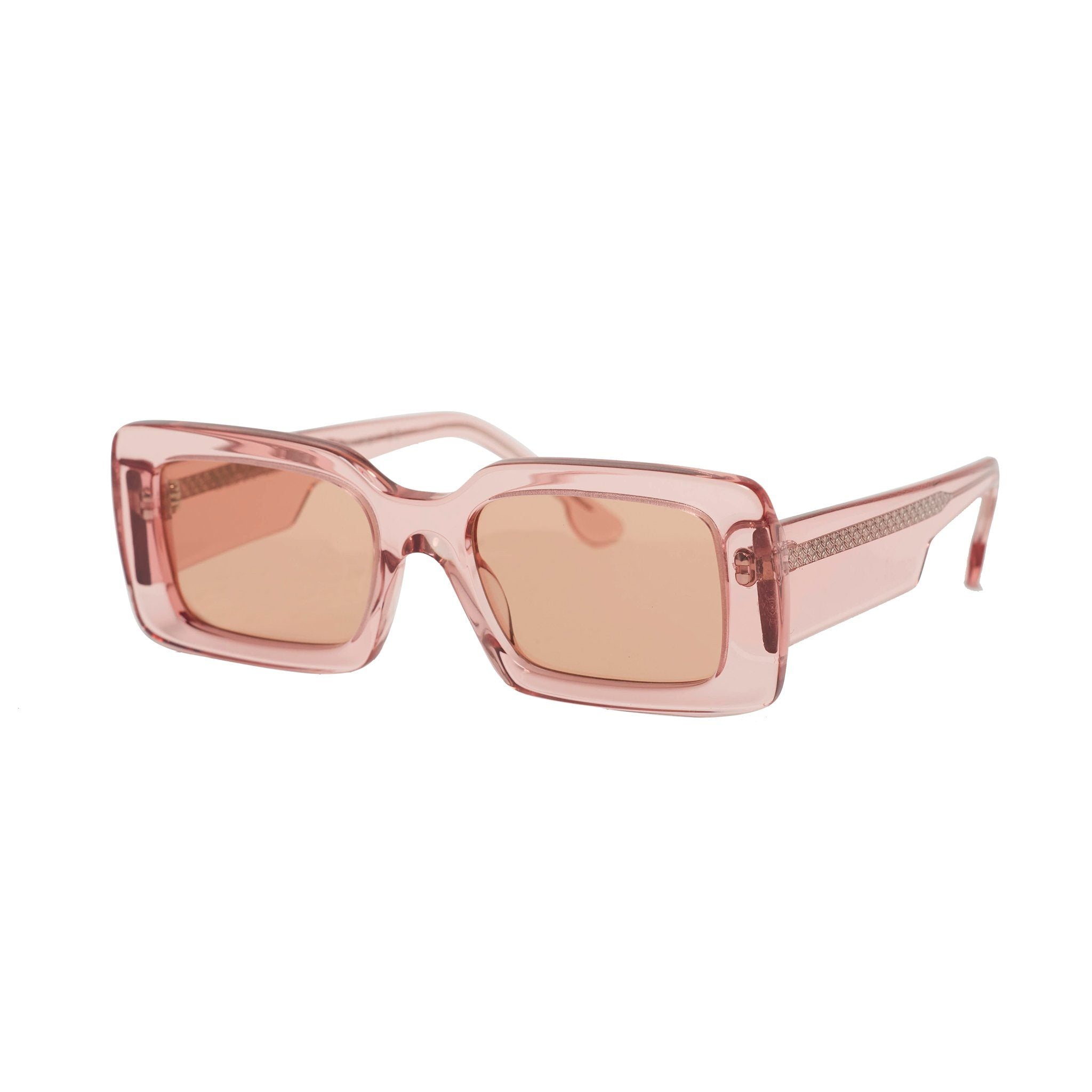 Transparent pink frames sunglasses with pink lenses. Front view