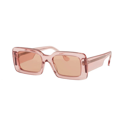 Transparent pink frames sunglasses with pink lenses. Front view temples crossed