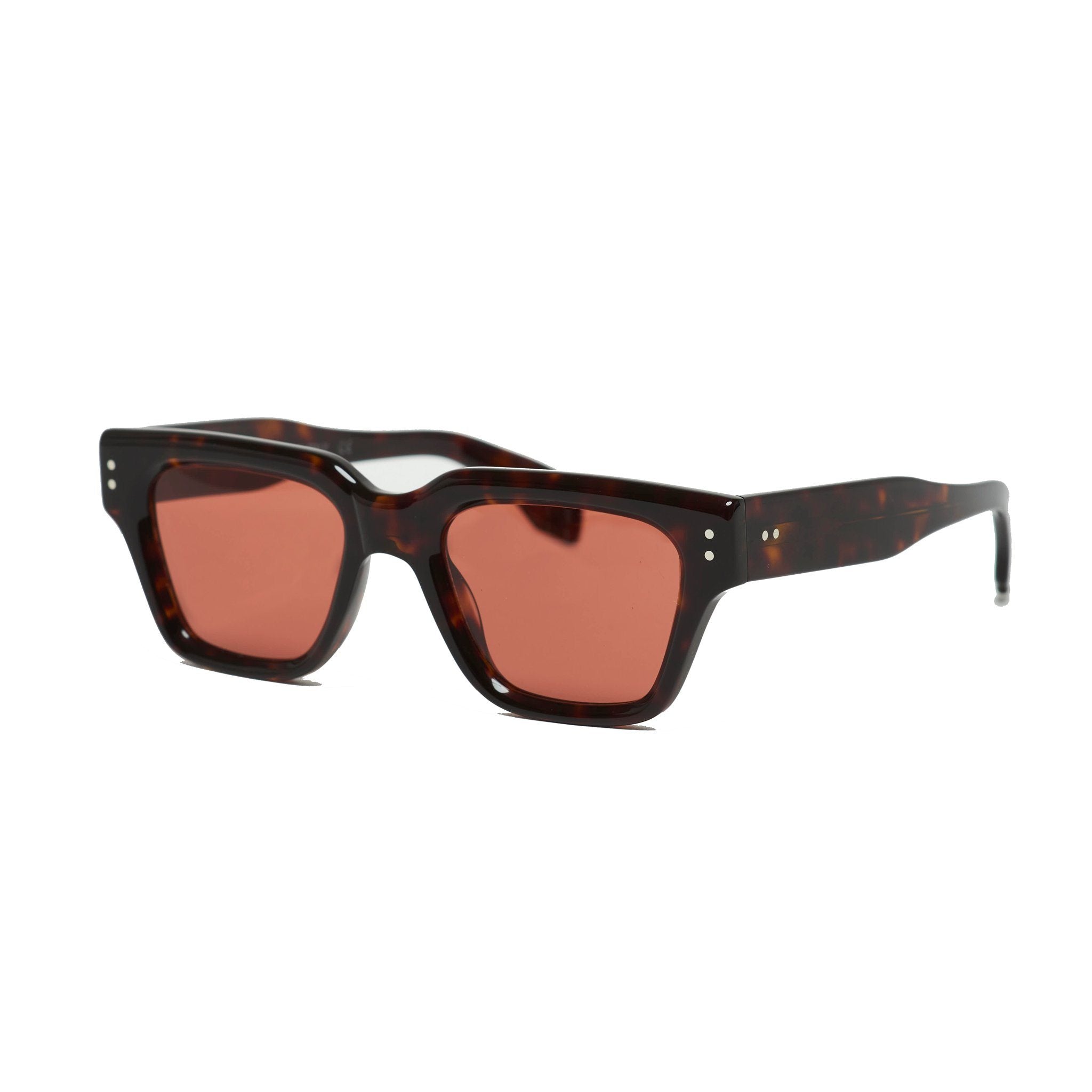 Tortoise frames sunglasses with red lenses. Front view