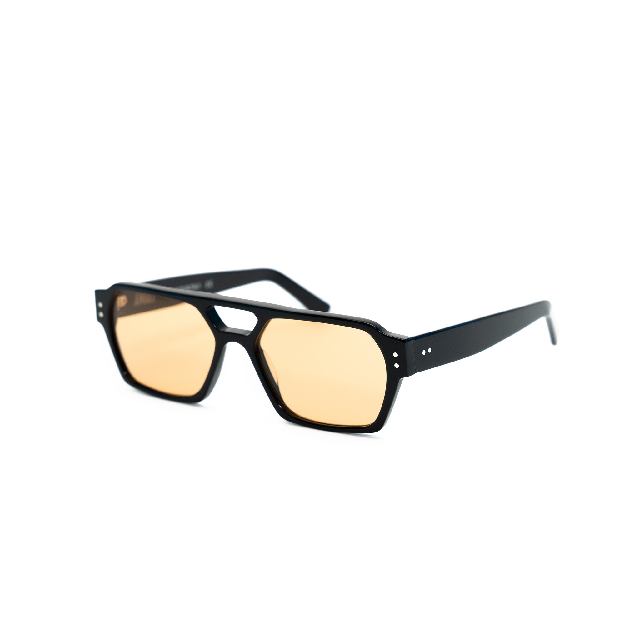 Ameos Identity collection Ego model. Black frames with orange lenses. Side view. Genderless, gender neutral eyewear