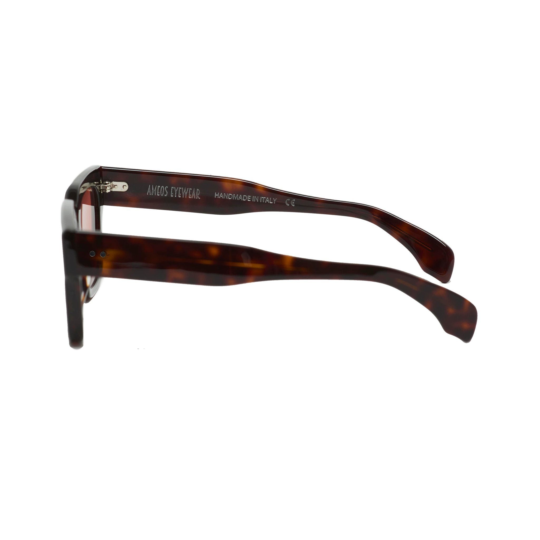 Tortoise frames sunglasses with red lenses. Sideview