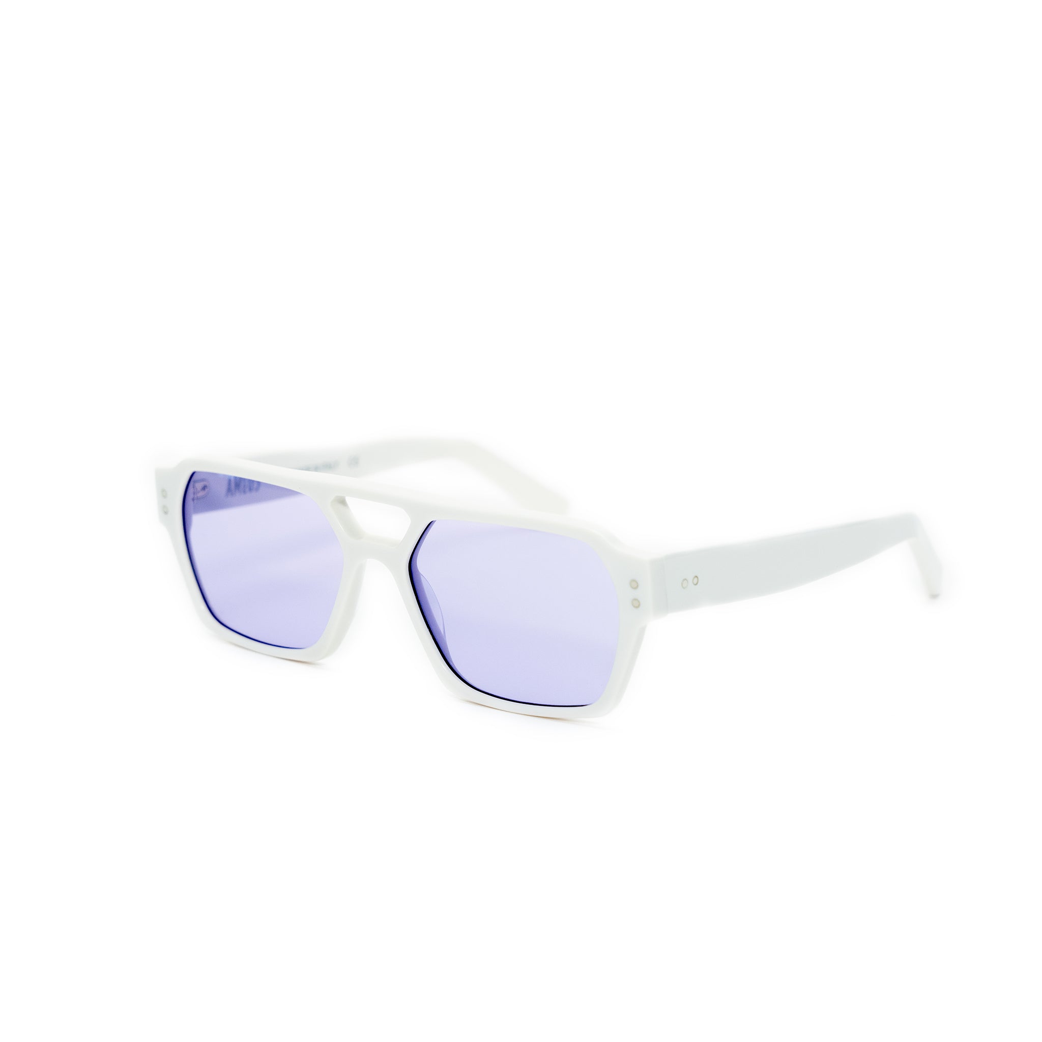 Ameos Identity collection Ego model. White frames with purple lenses. Side view. Genderless, gender neutral eyewear