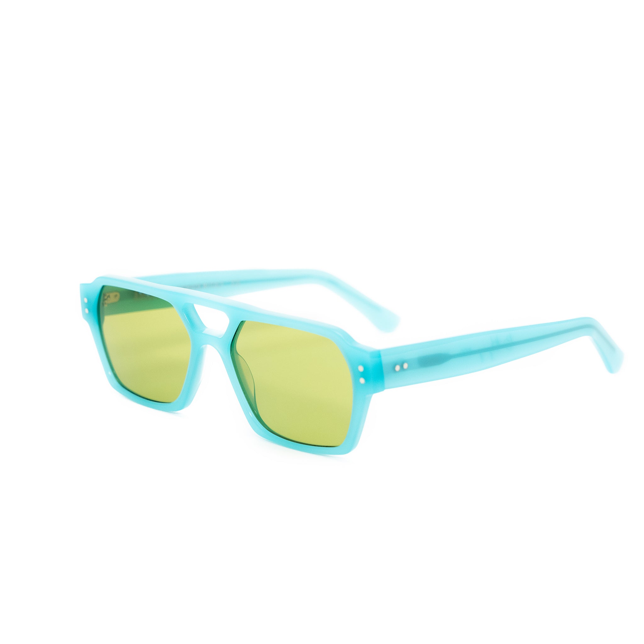 Ameos Identity collection Ego model. Opal blue frames with light green lenses. Side view. Genderless, gender neutral eyewear
