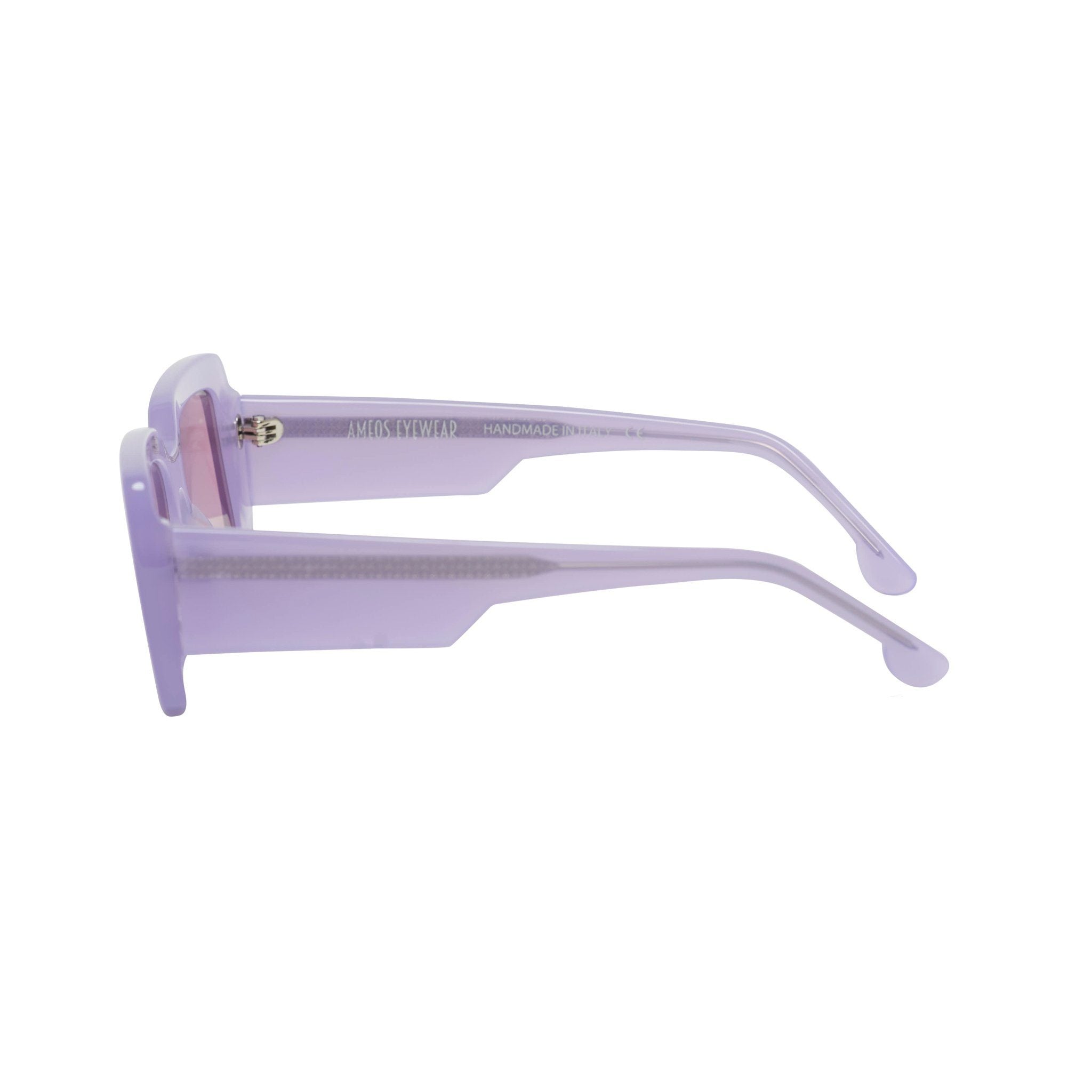 Purple sunglasses frames with pink lenses handmade in italy. Side view