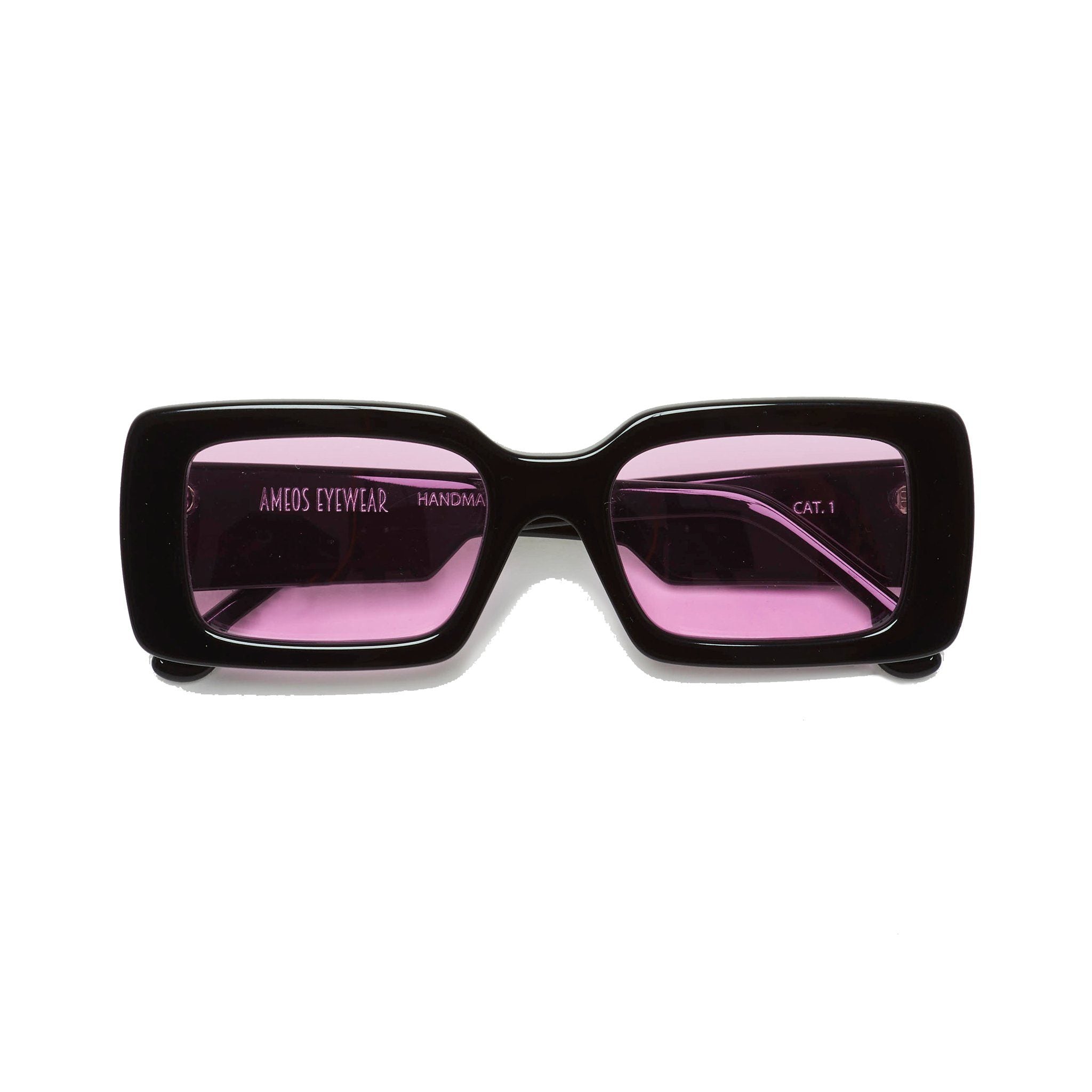 Black sunglasses frames with pink lenses handmade in italy. Front view temples crossed