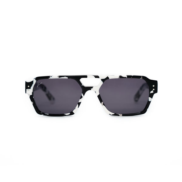 Ameos Identity collection Ego model. Black and white tortoise frames with black lenses. Front view. Genderless, gender neutral eyewear