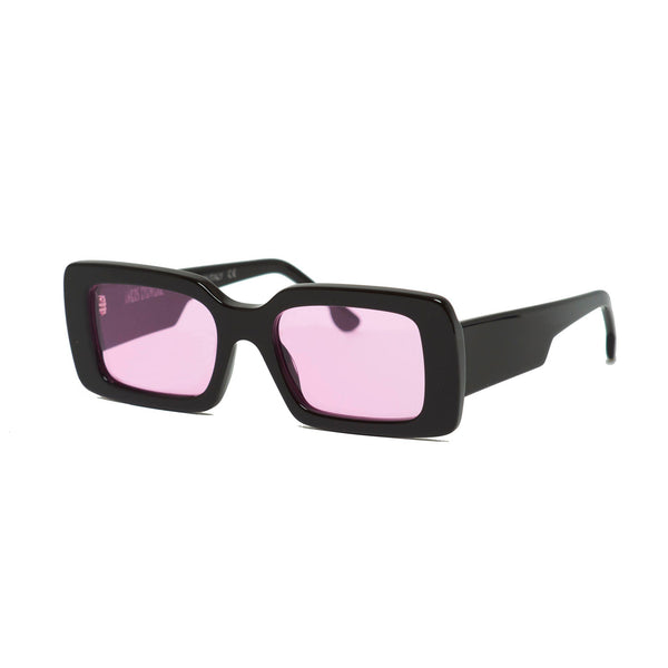 Black sunglasses frames with pink lenses handmade in italy. Front view temples crossed