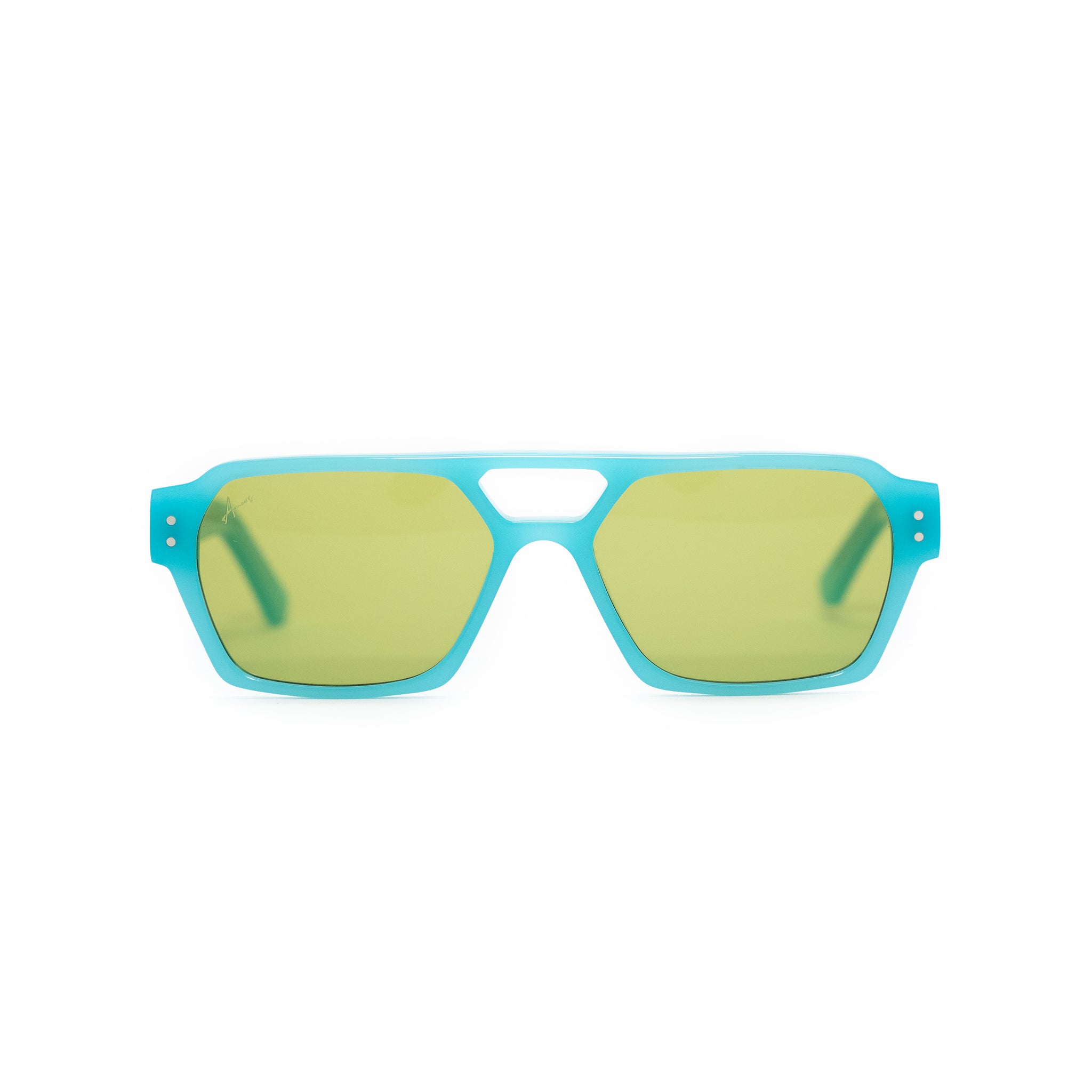 Ameos Identity collection Ego model. Opal blue frames with light green lenses. Front view. Genderless, gender neutral eyewear