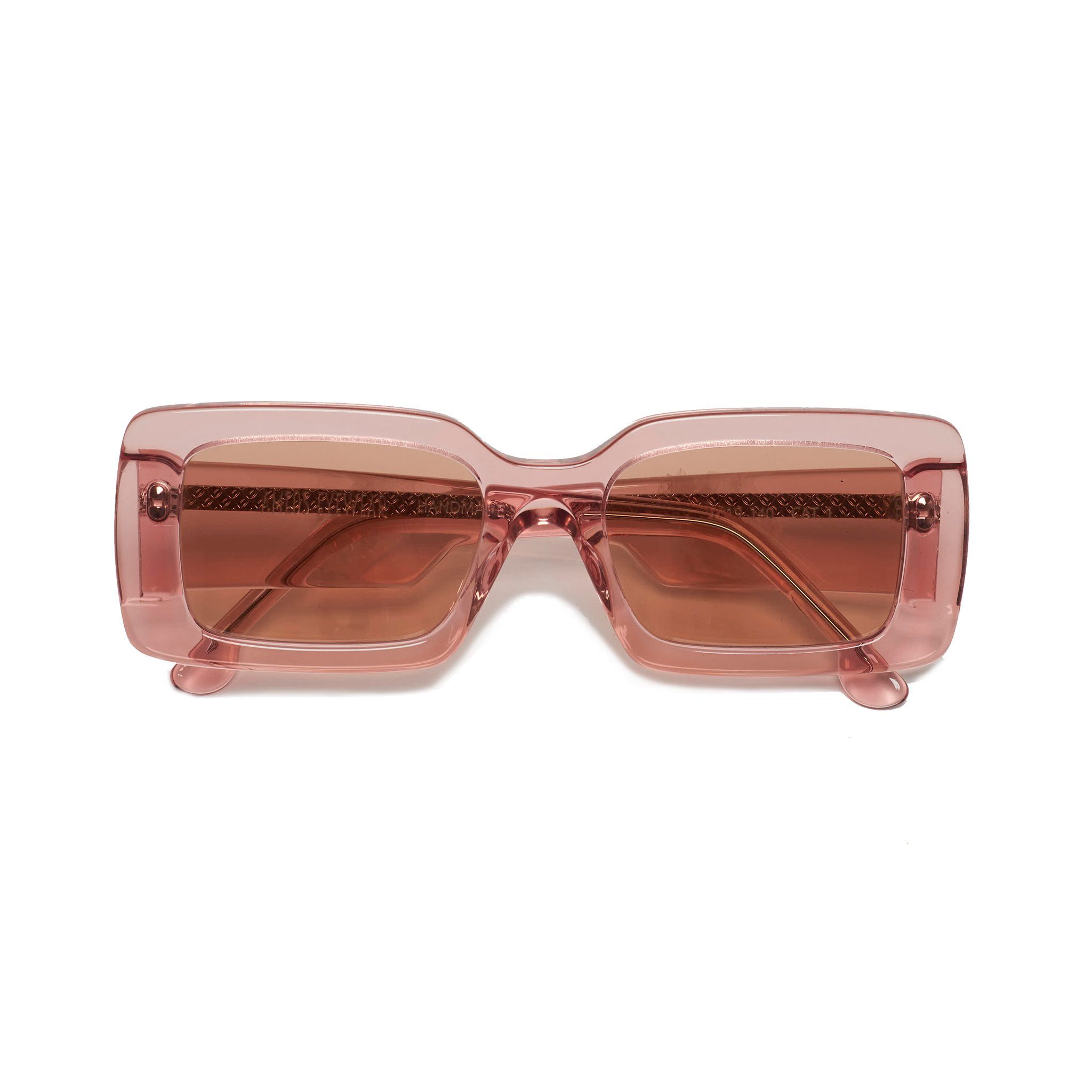 Transparent pink frames sunglasses with pink lenses. Front view temples crossed