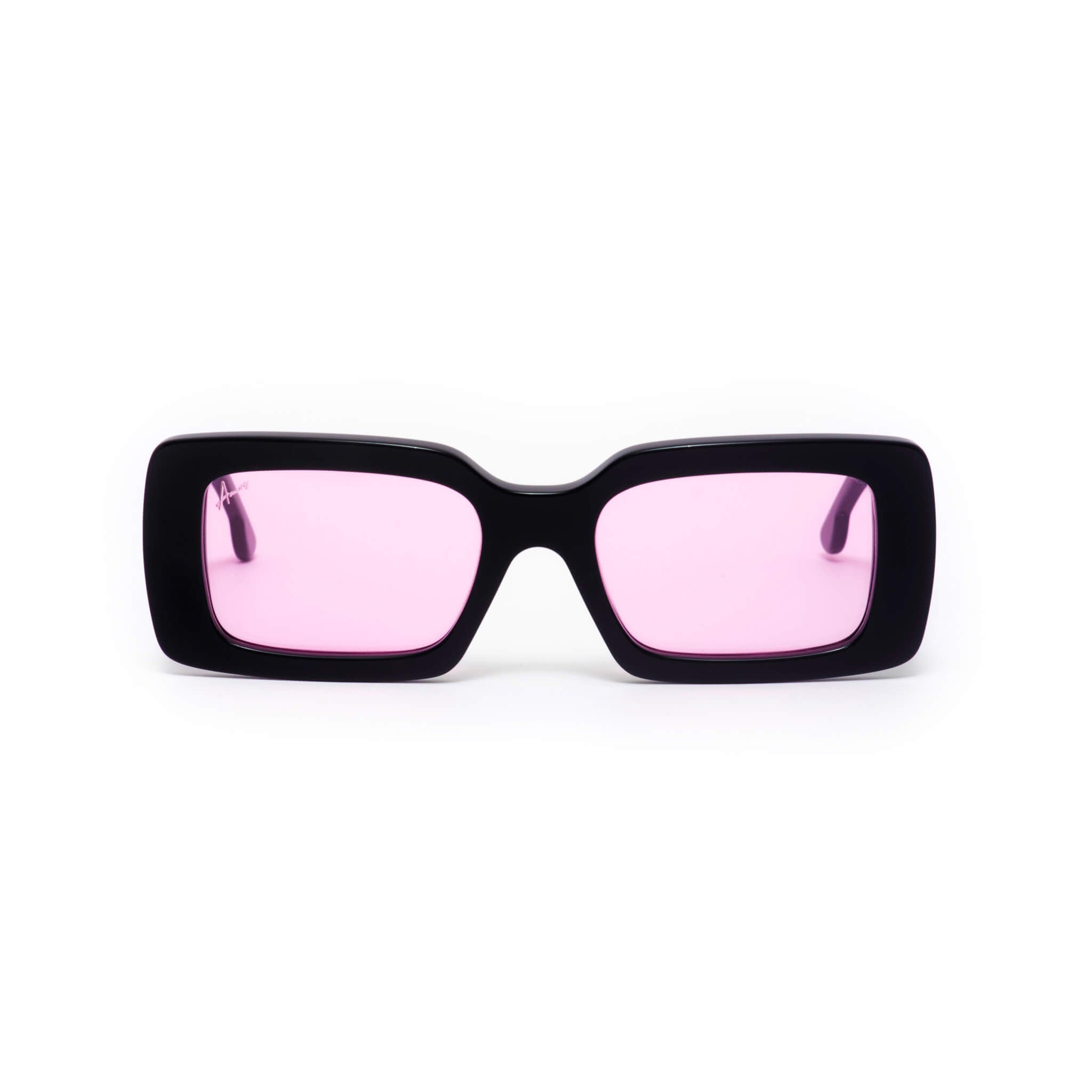 Black sunglasses frames with pink lenses