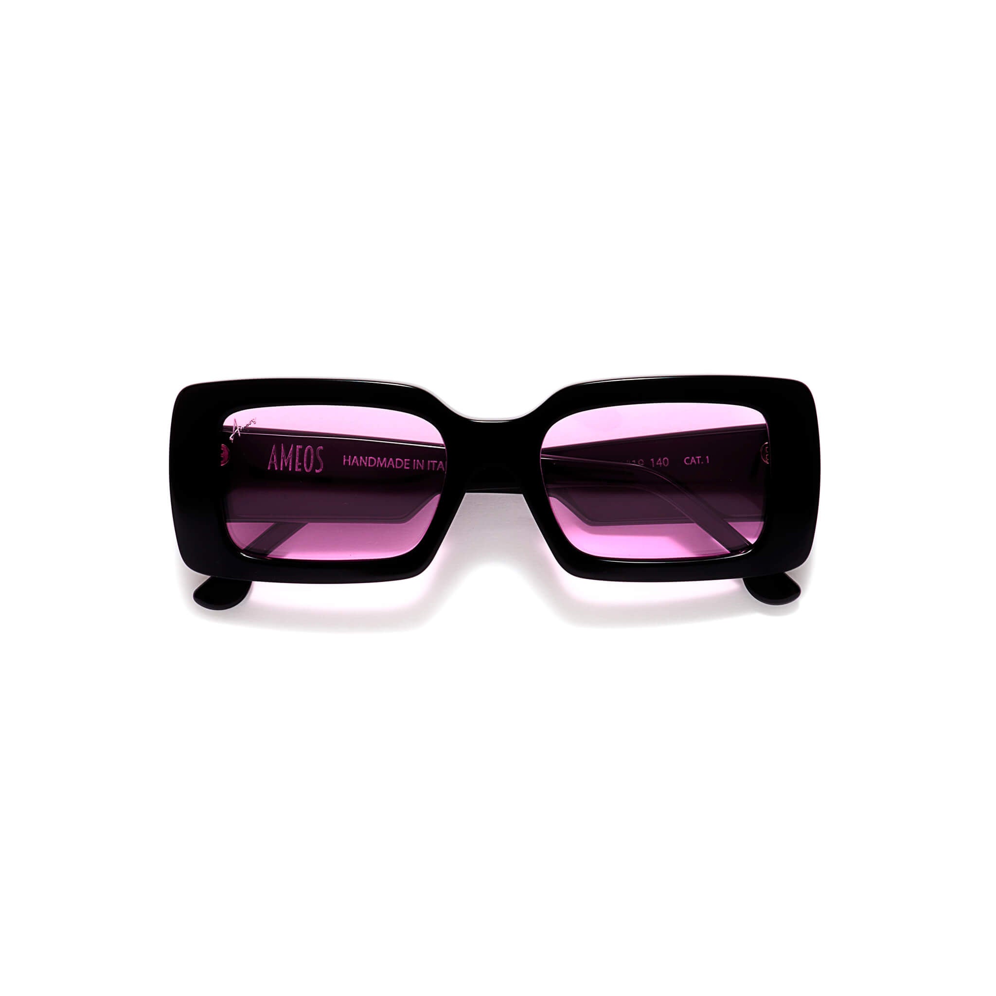 Black rectangular sunglasses with pink lenses