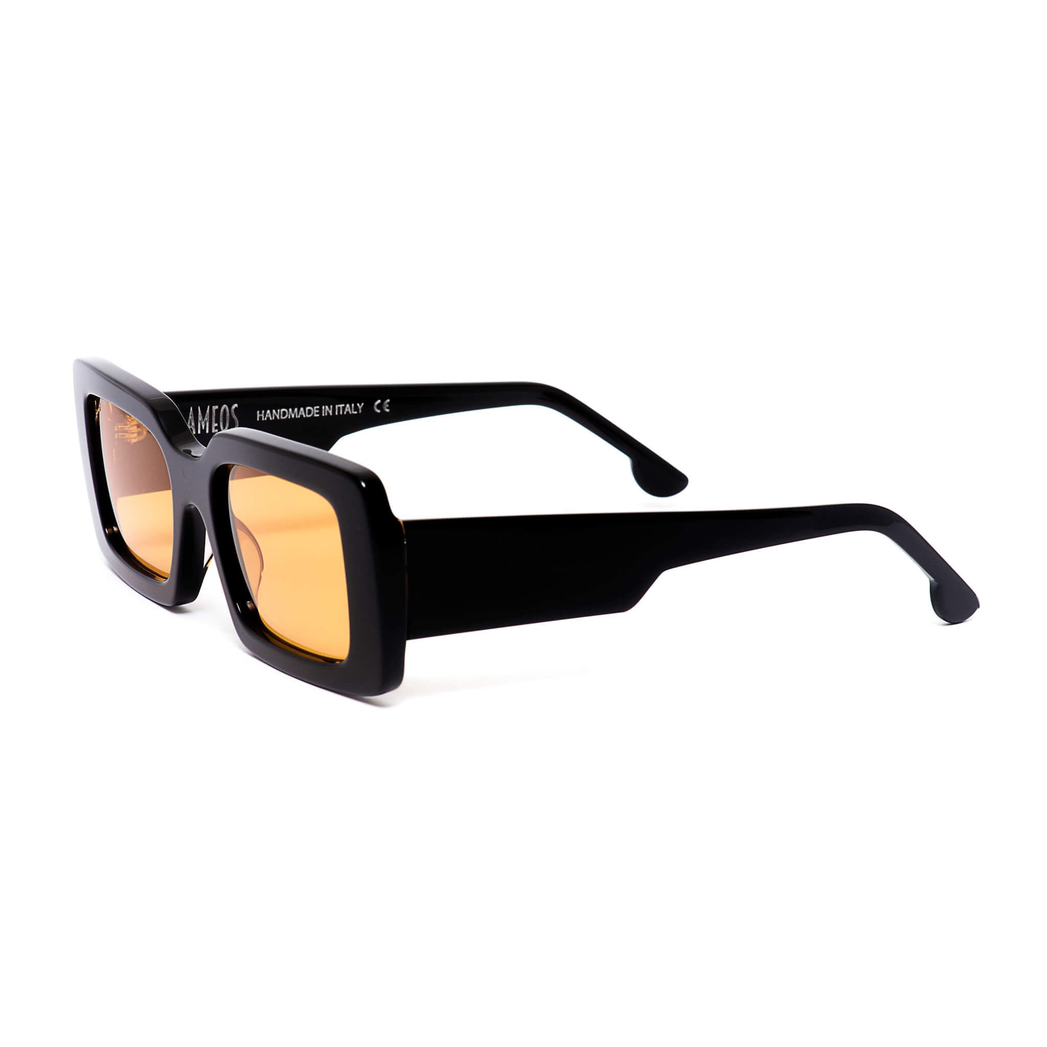 Black rectangular frames with orange lenses sunglasses handmade in italy
