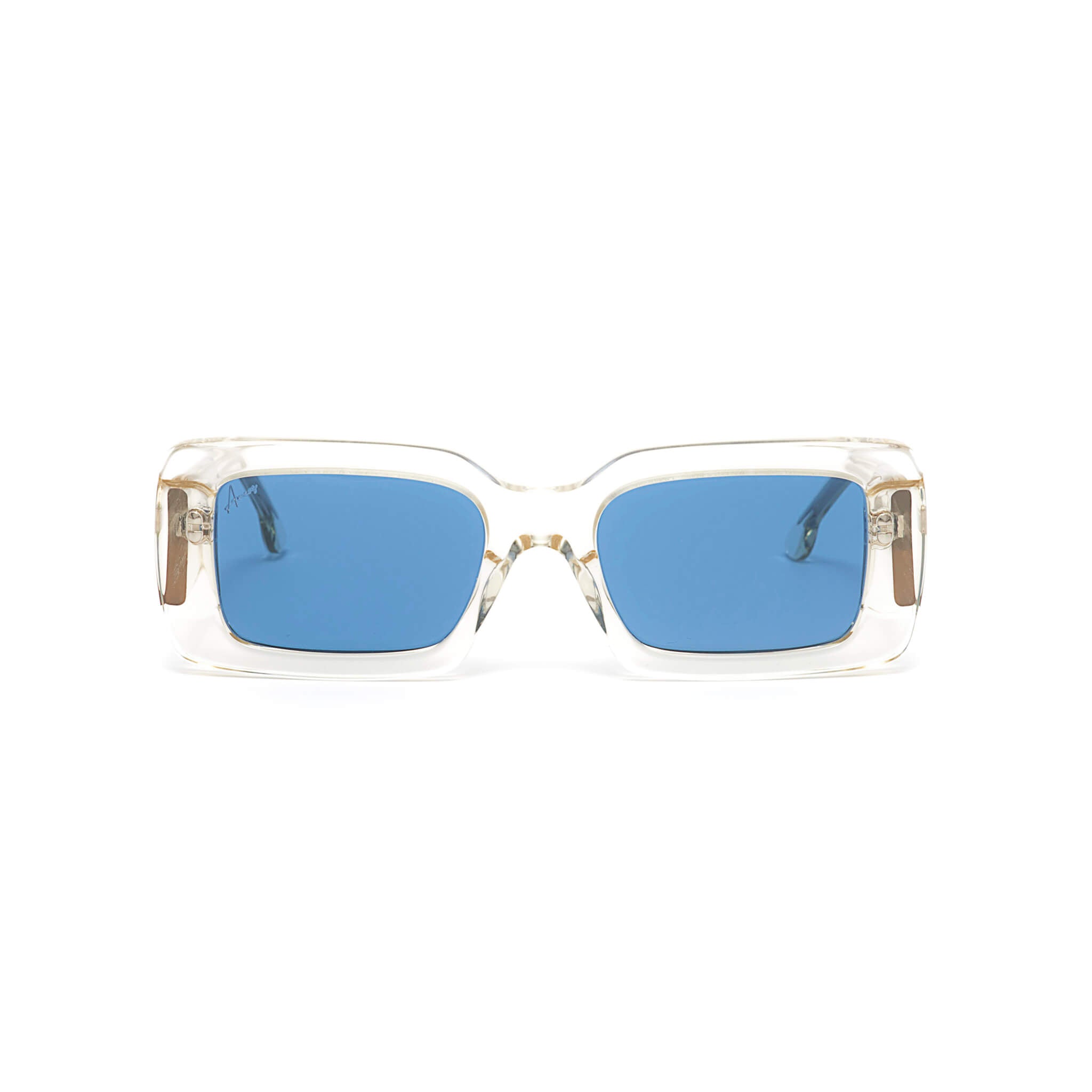 transparent rectangular frames with blue lenses sunglasses