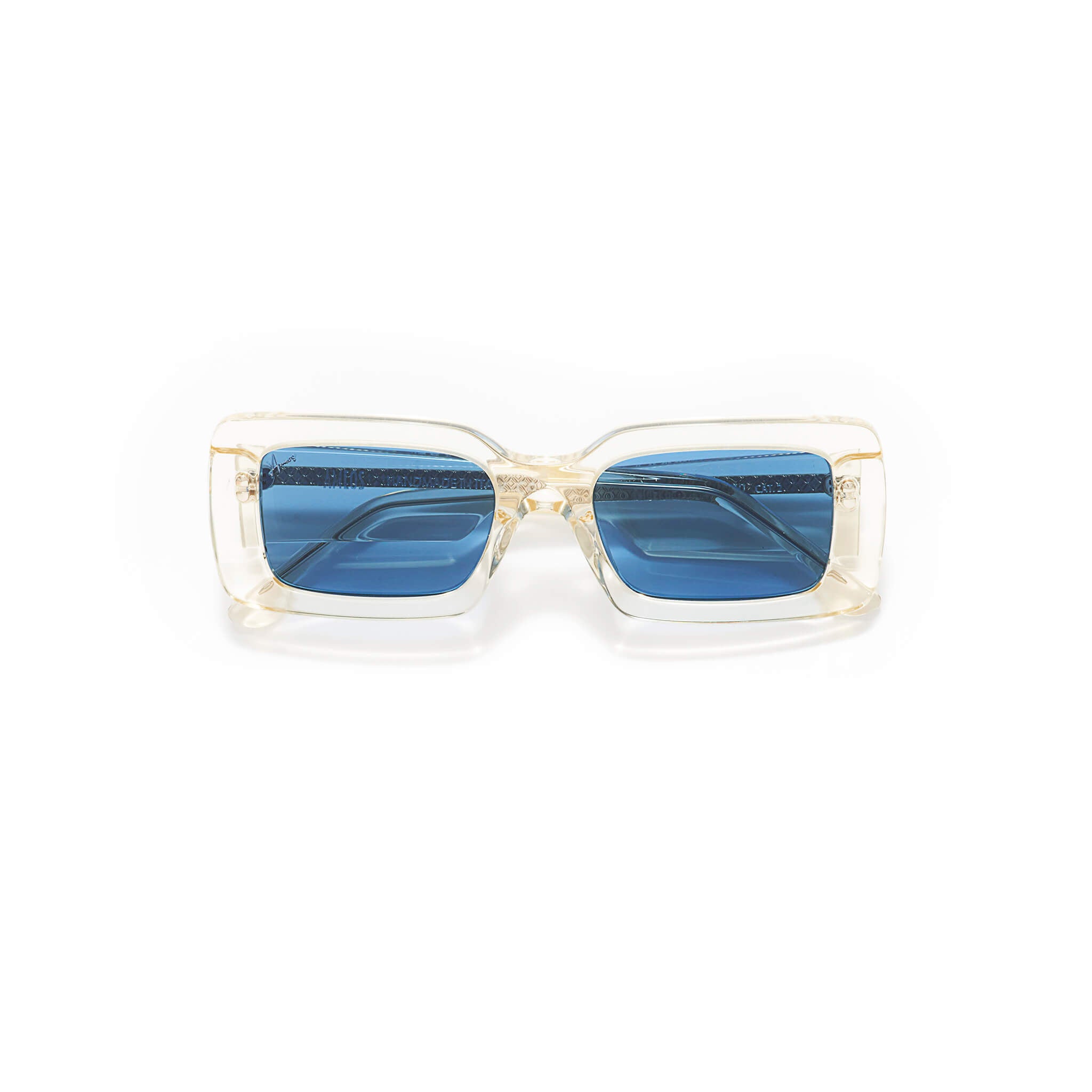 Transparent rectangular frames with blue lenses sunglasses