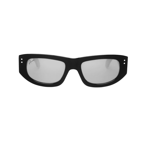 Ameos Forever collection Dex model. Black frames with silver, reflective lenses. Front view. Genderless, gender neutral eyewear