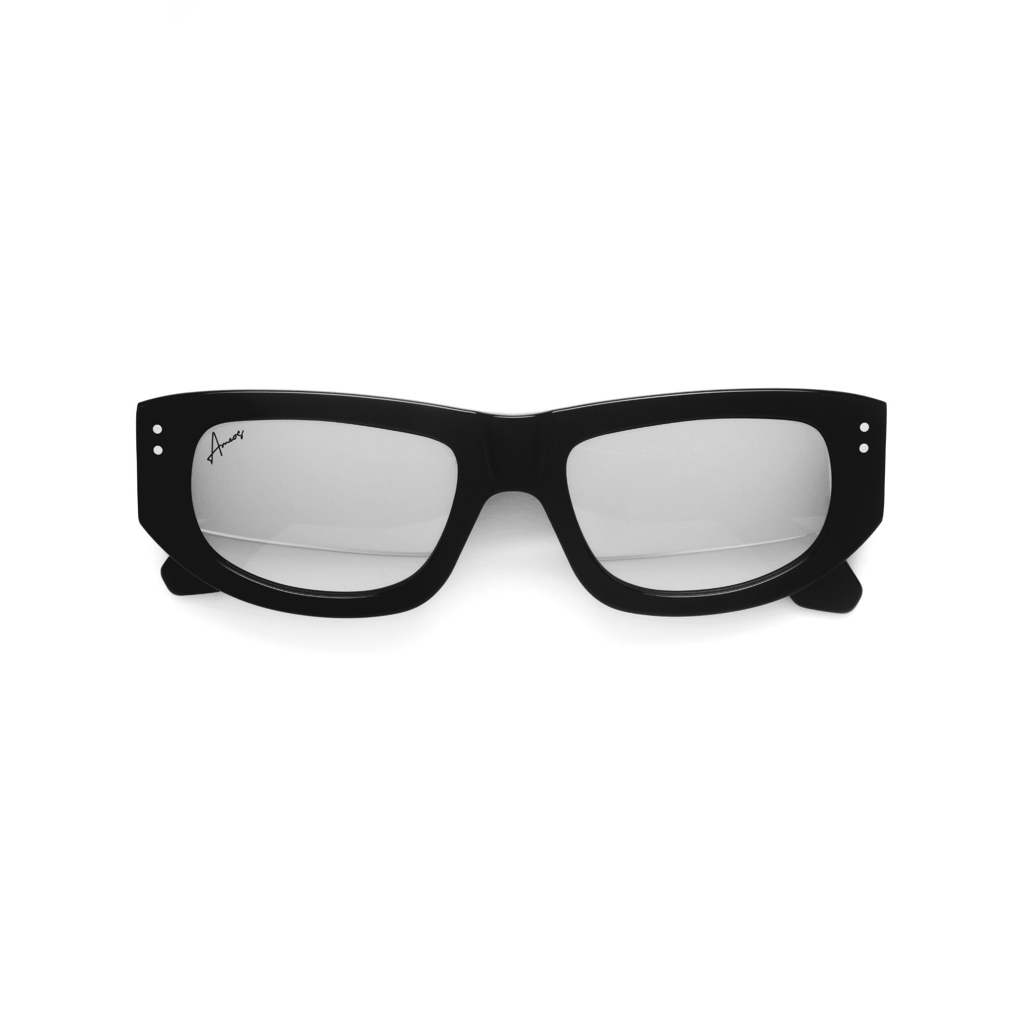 Ameos Forever collection Dex model. Black frames with silver, reflective lenses. Front view, temples crossed. Genderless, gender neutral eyewear