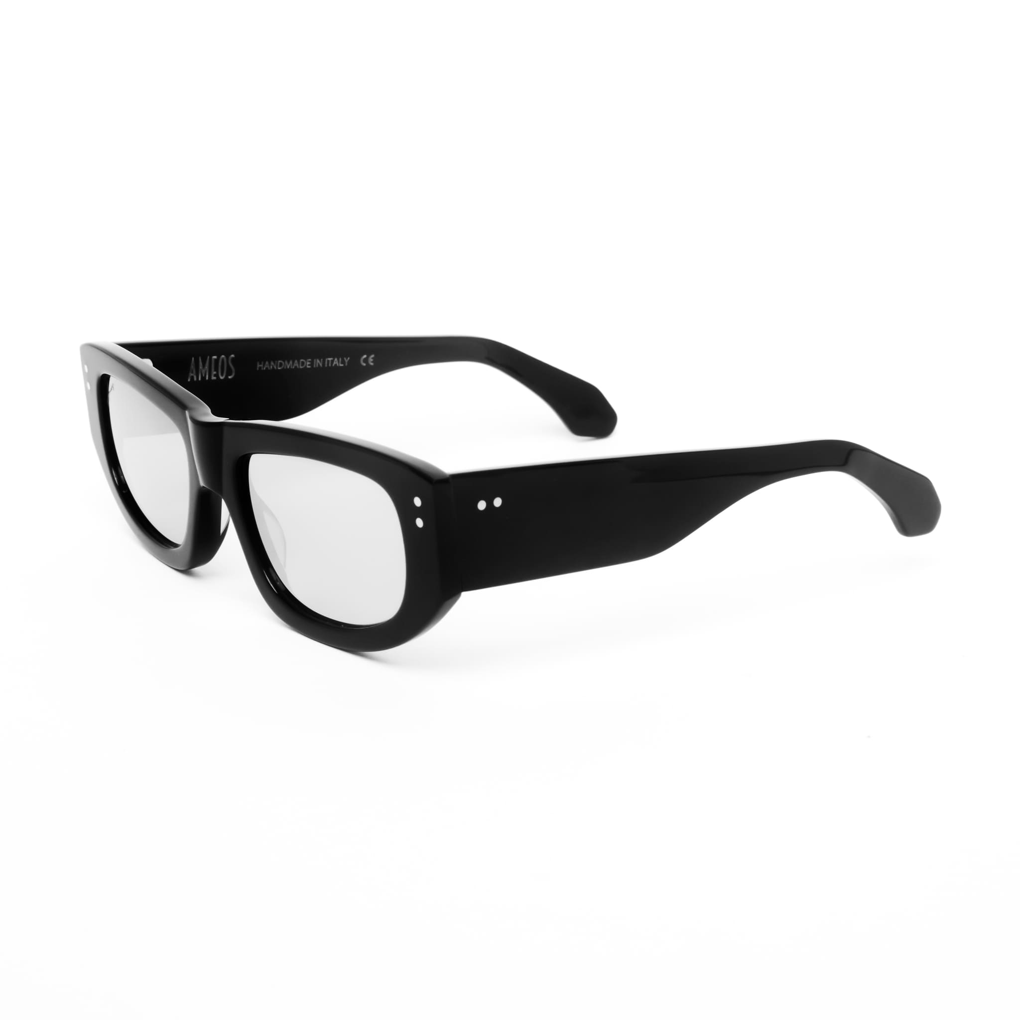 Ameos Forever collection Dex model. Black frames with silver, reflective lenses. Side view. Genderless, gender neutral eyewear