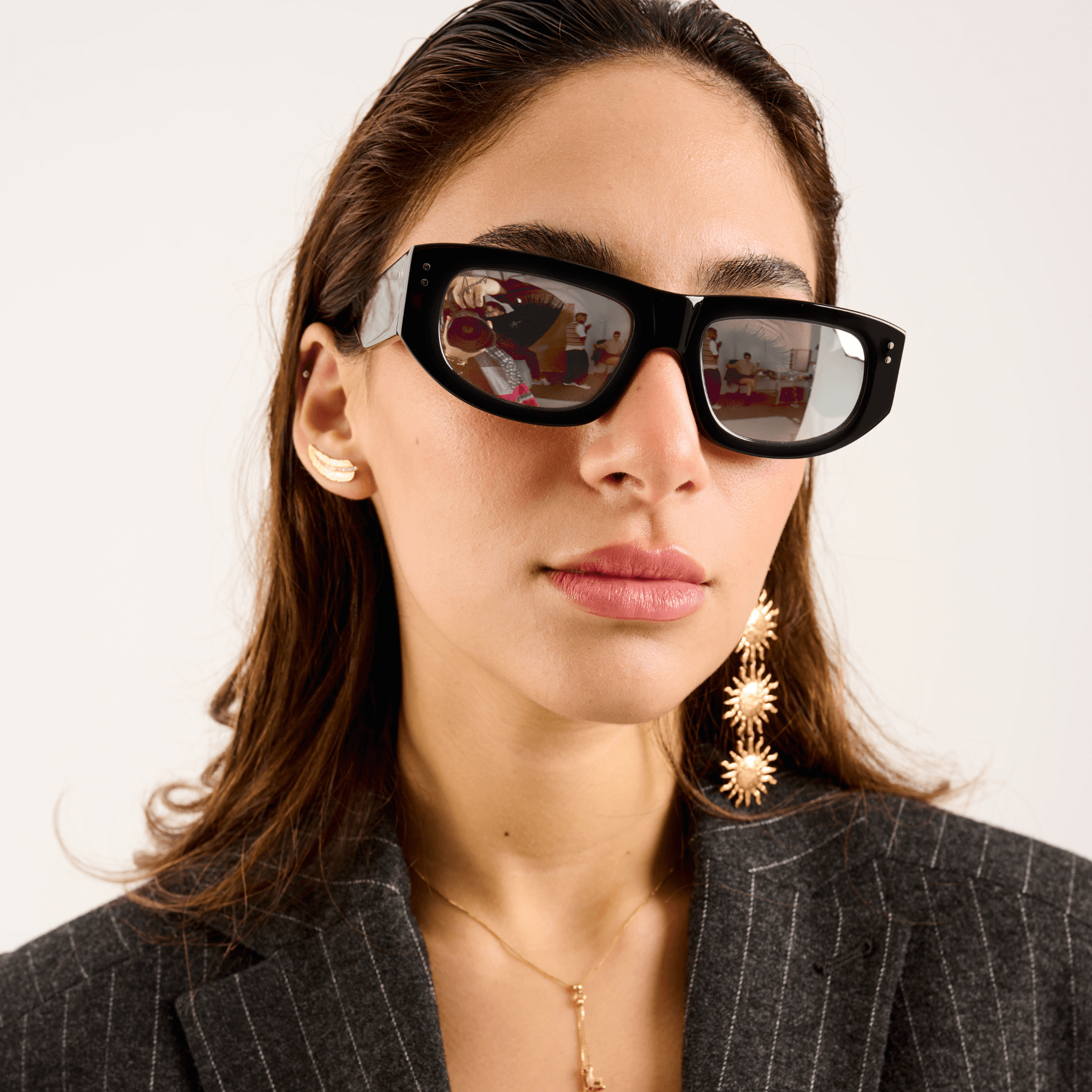 Ameos Forever collection Dex model. Black frames with silver, reflective lenses. Genderless, gender neutral eyewear