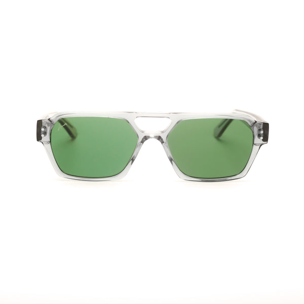 Ameos Identity collection Ego model. Transparent grey frames with green lenses. Front view. Genderless, gender neutral eyewear