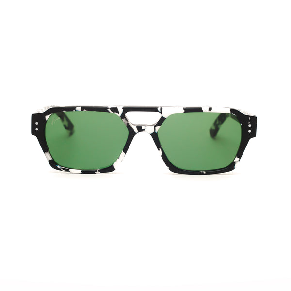 Ameos Identity collection Ego model. Black and white frames with green lenses. Genderless, gender neutral eyewear