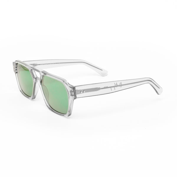 Ameos Identity collection Ego model. Transparent grey frames with green lenses. Front view. Genderless, gender neutral eyewear