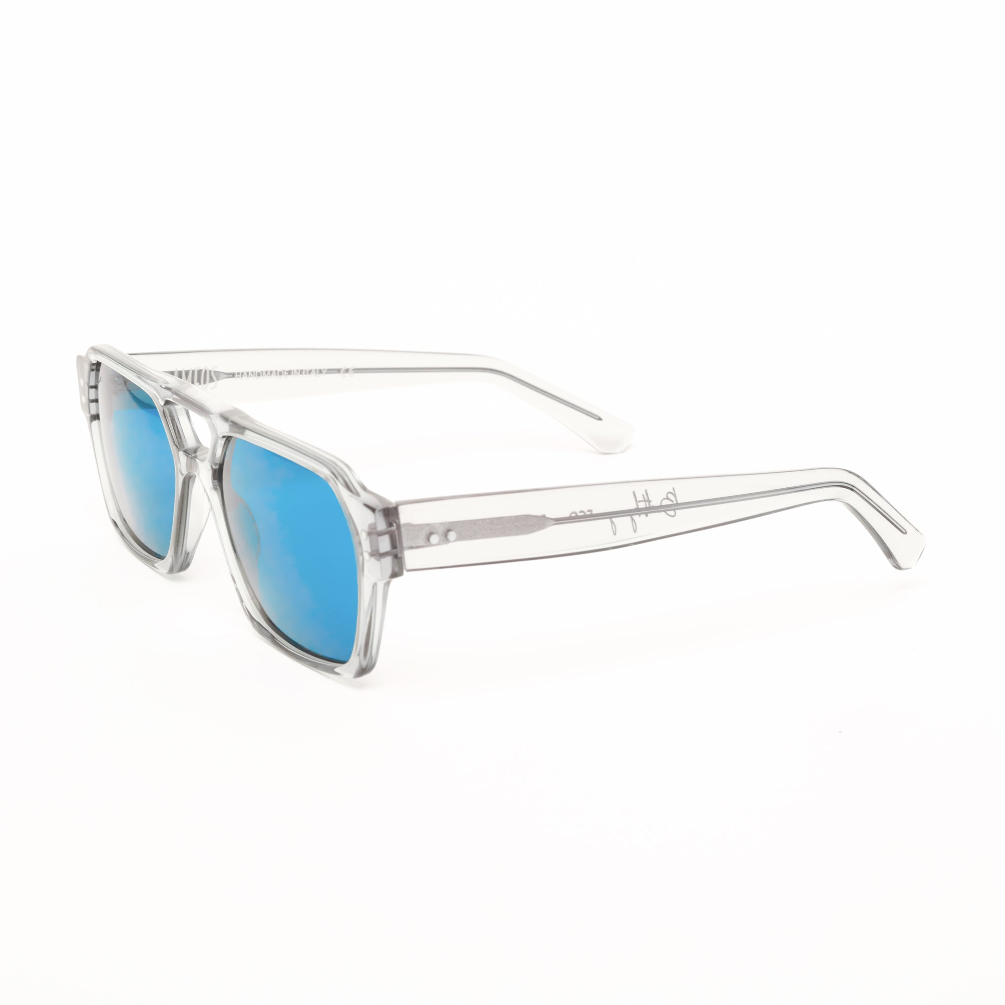 Ameos Identity collection Ego model. Transparent grey frames with blue lenses. Side view. Genderless, gender neutral eyewear