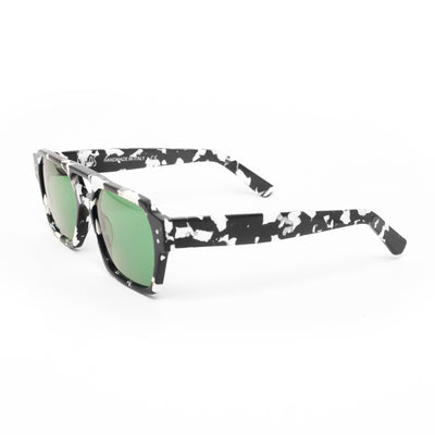 Ameos Identity collection Ego model. Black and white frames with green lenses. Genderless, gender neutral eyewear