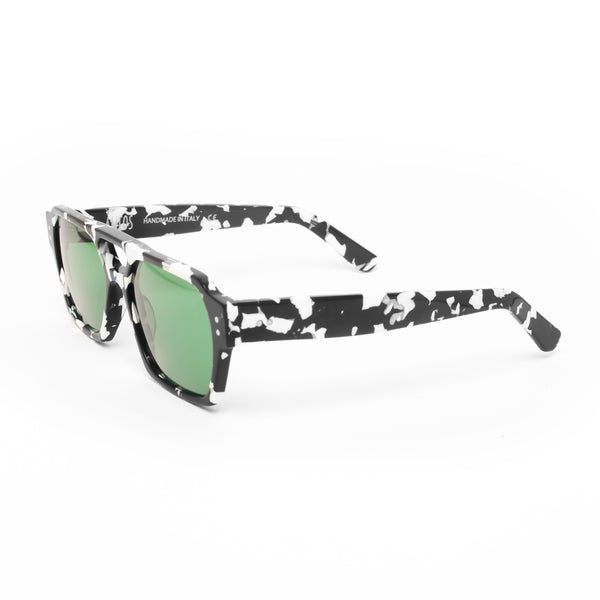 Ameos Identity collection Ego model. Black and white frames with green lenses. Genderless, gender neutral eyewear