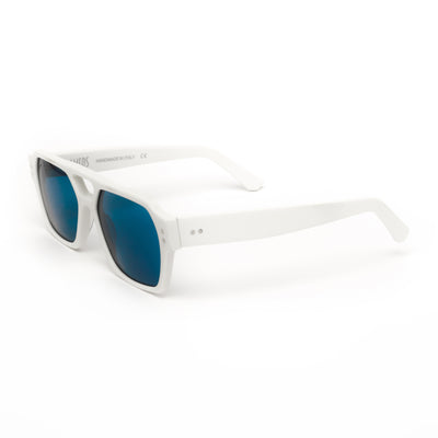 Ameos Identity collection Ego model. White frames with blue lenses. Front view. Genderless, gender neutral eyewear