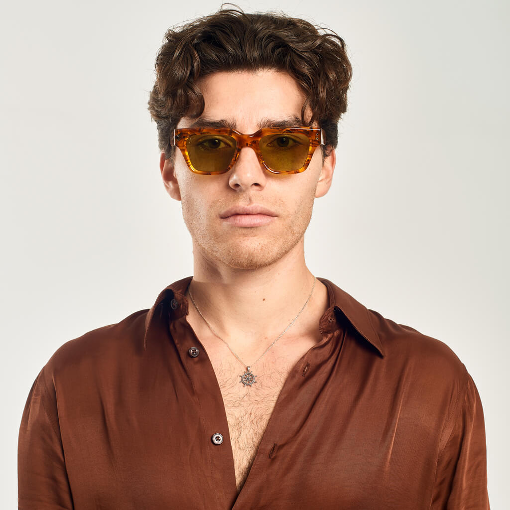 Emery sunglasses on guy model in brown shirt