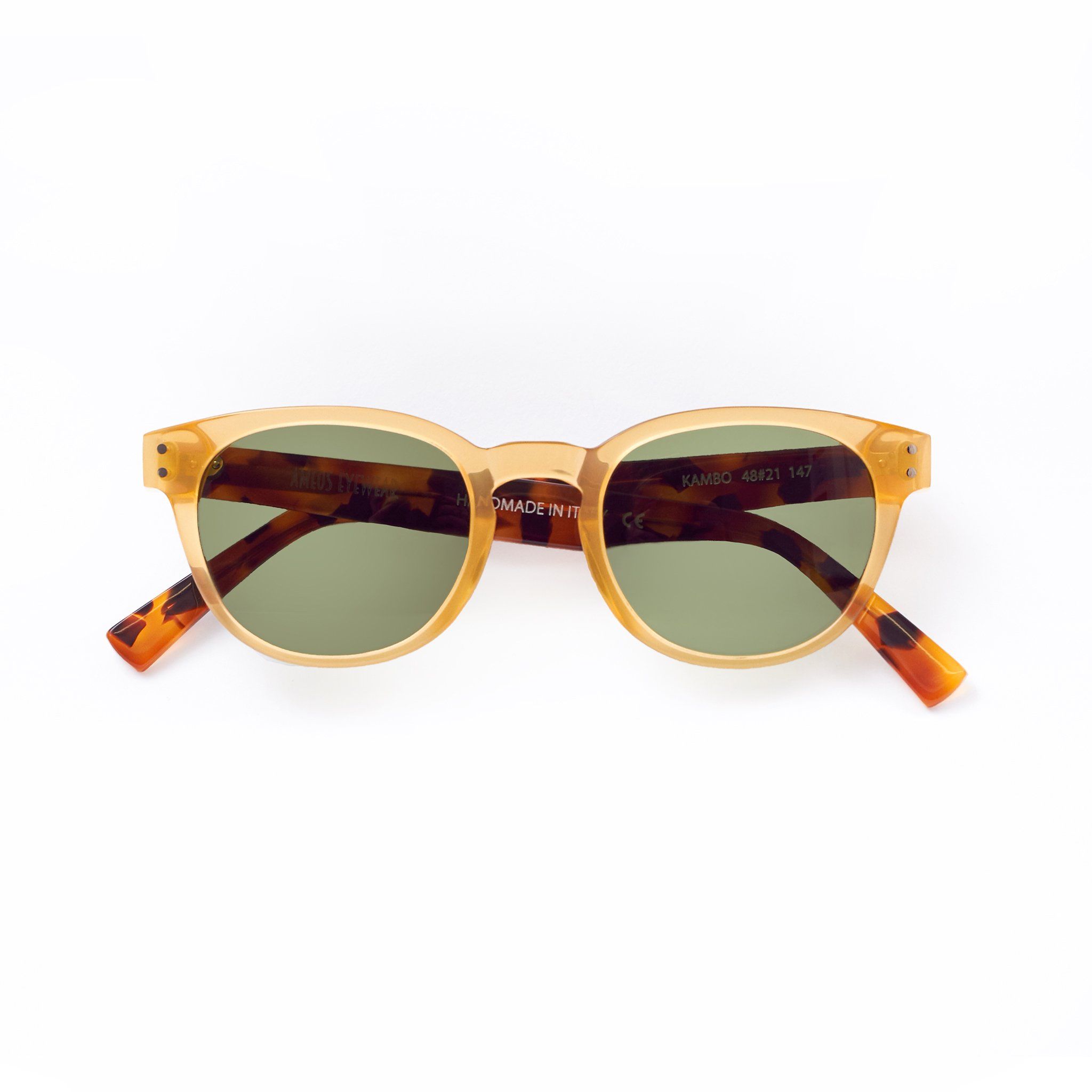 Honey and tortoise colored sunglasses with green lenses handmade in italy