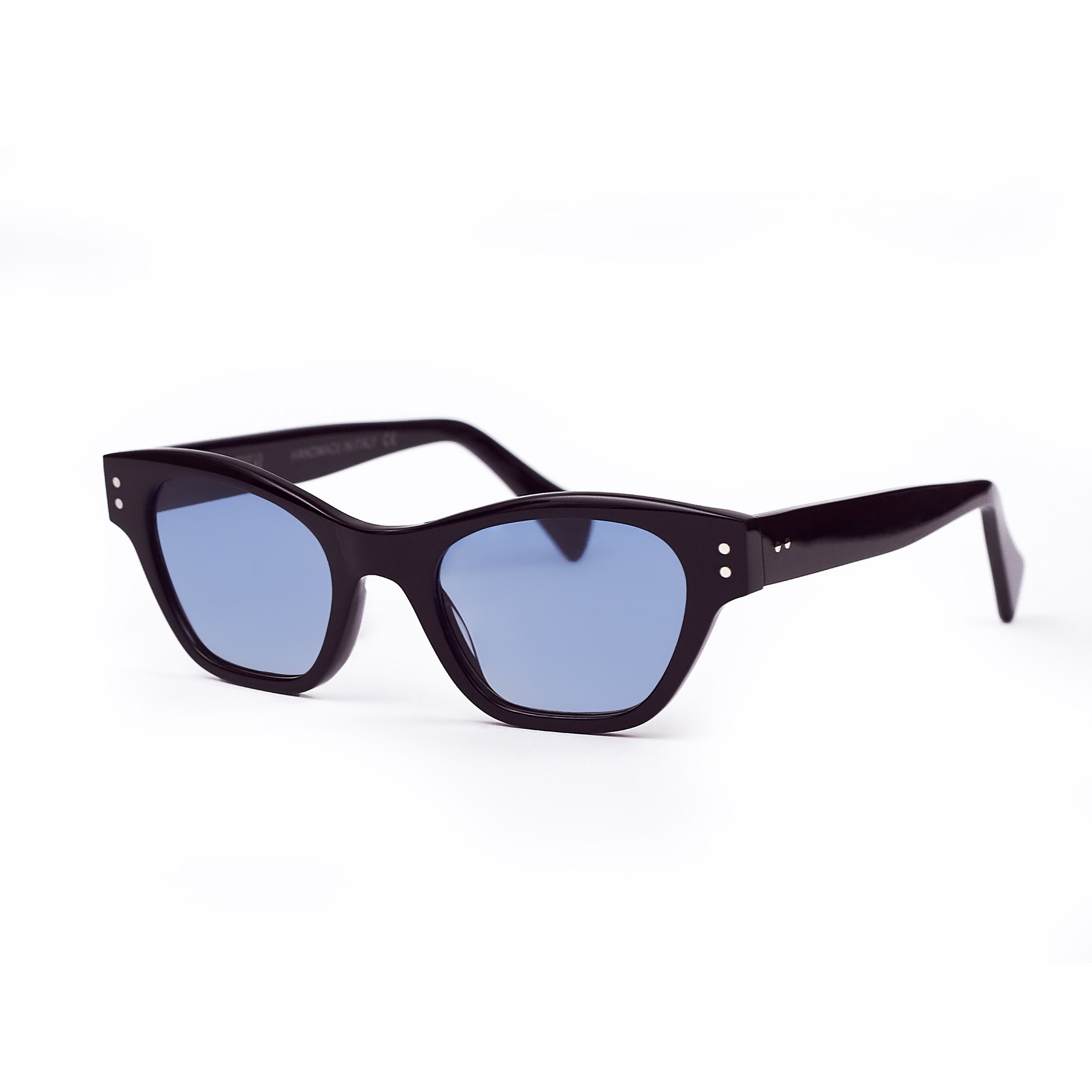Black cat-eye sunglasses with light blue lenses handmade in italy