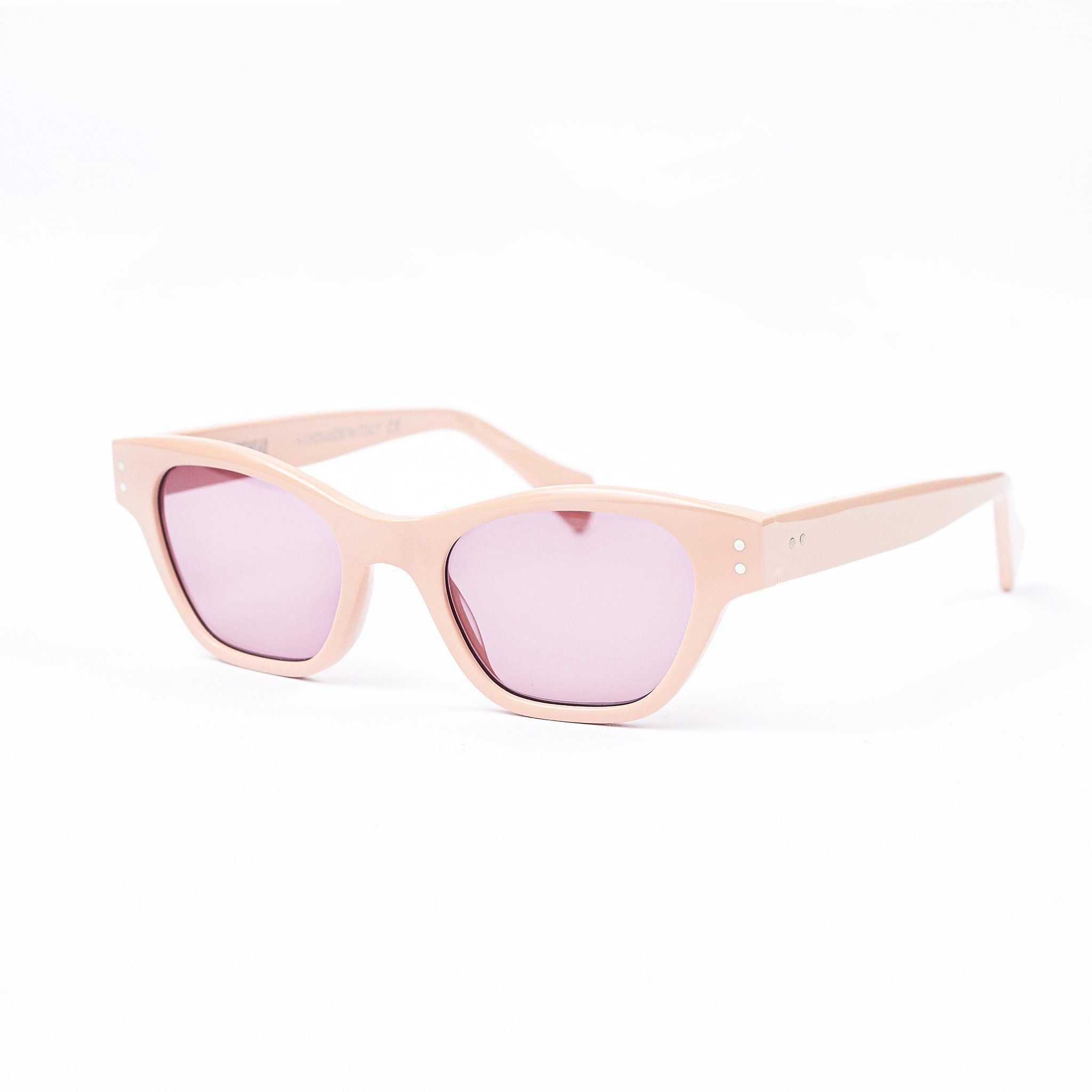 Nude cat-eye sunglasses with purple lenses handmade in italy