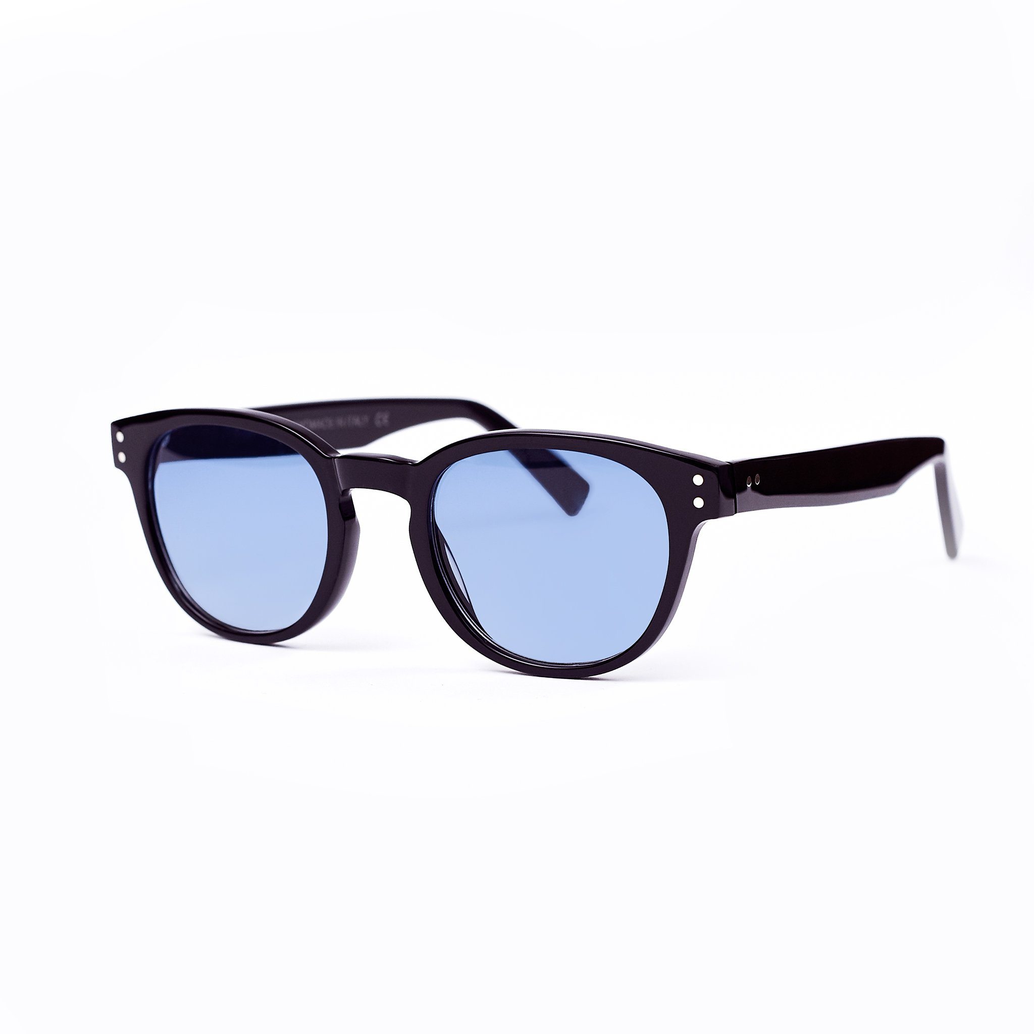 Black sunglasses with light blue lenses handmade in italy