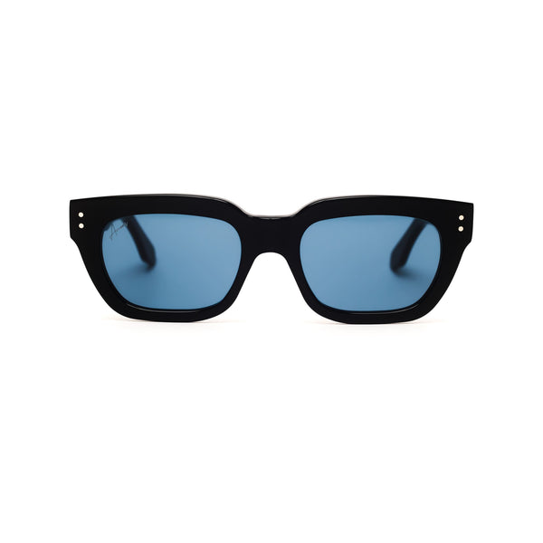 Ameos Forever collection Kai model. Black frames with dark blue lenses. Front view. Genderless, gender neutral eyewear