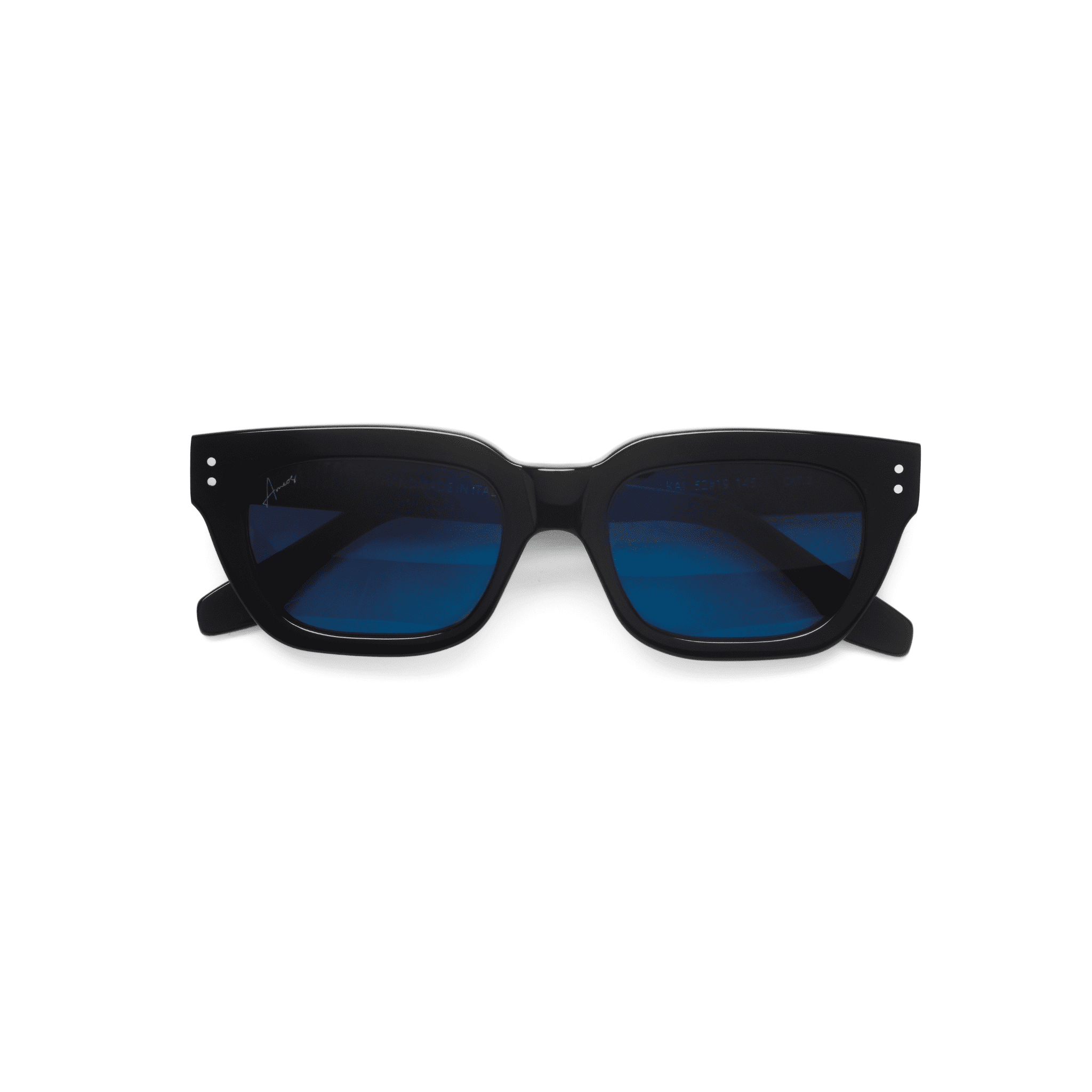 Ameos Forever collection Kai model. Black frames with dark blue lenses. Front view temples crossed. Genderless, gender neutral eyewear