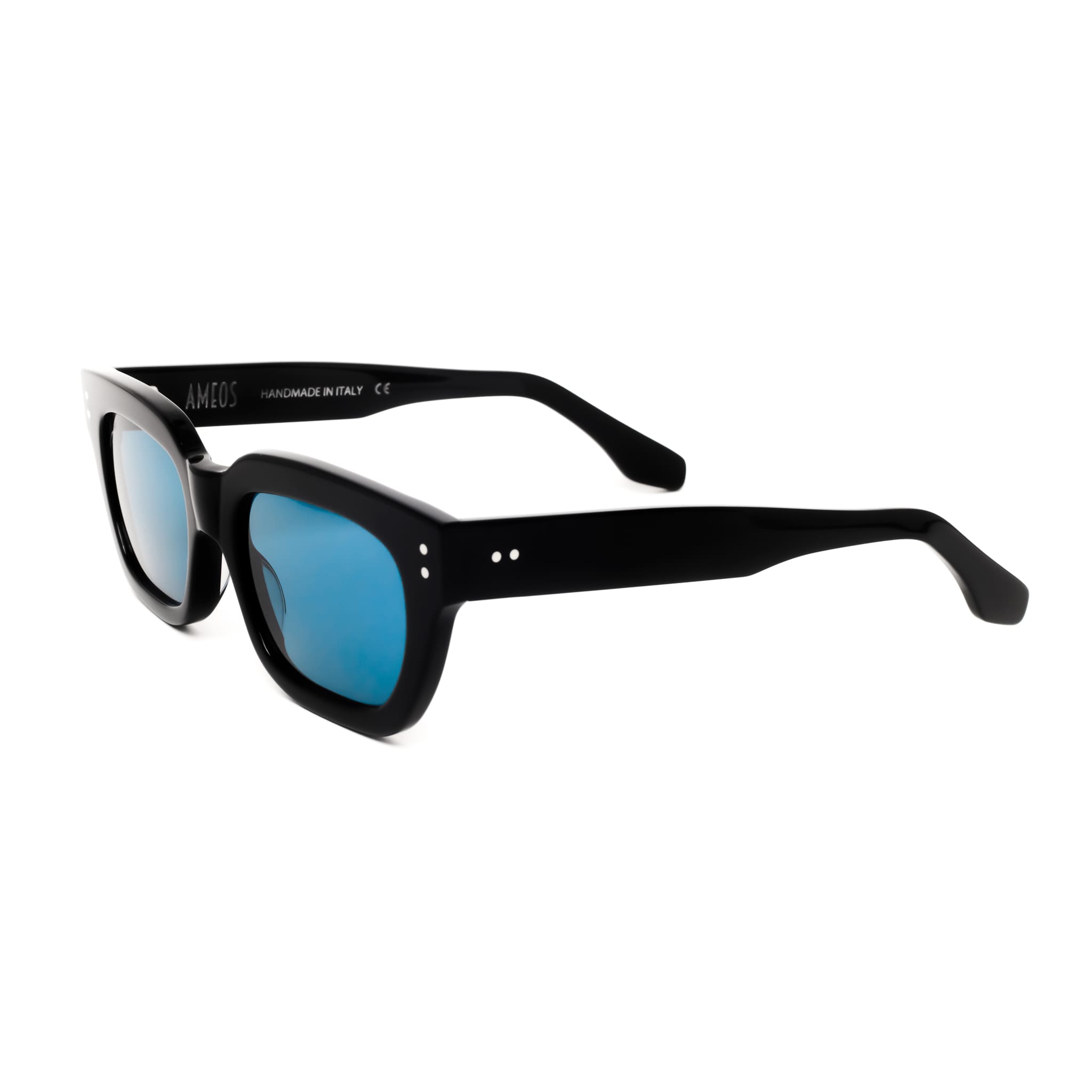 Ameos Forever collection Kai model. Black frames with dark blue lenses. Side view. Genderless, gender neutral eyewear