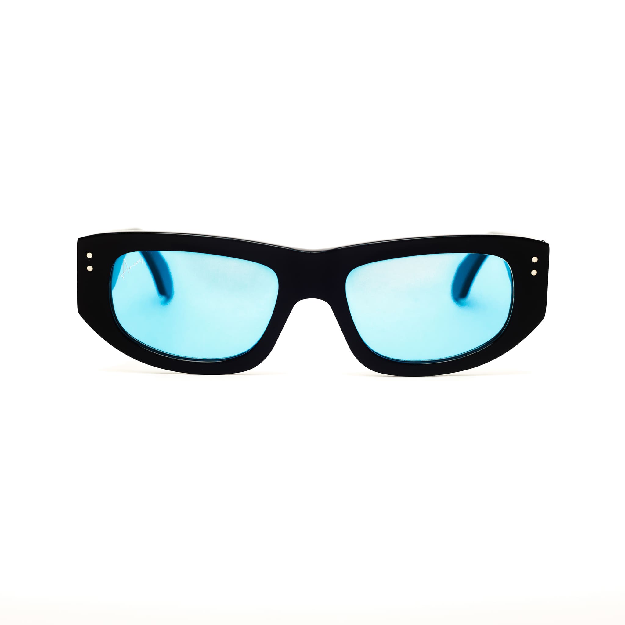Ameos Forever collection Lex model. Black frames with turquoise lenses. Front view. Genderless, gender neutral eyewear