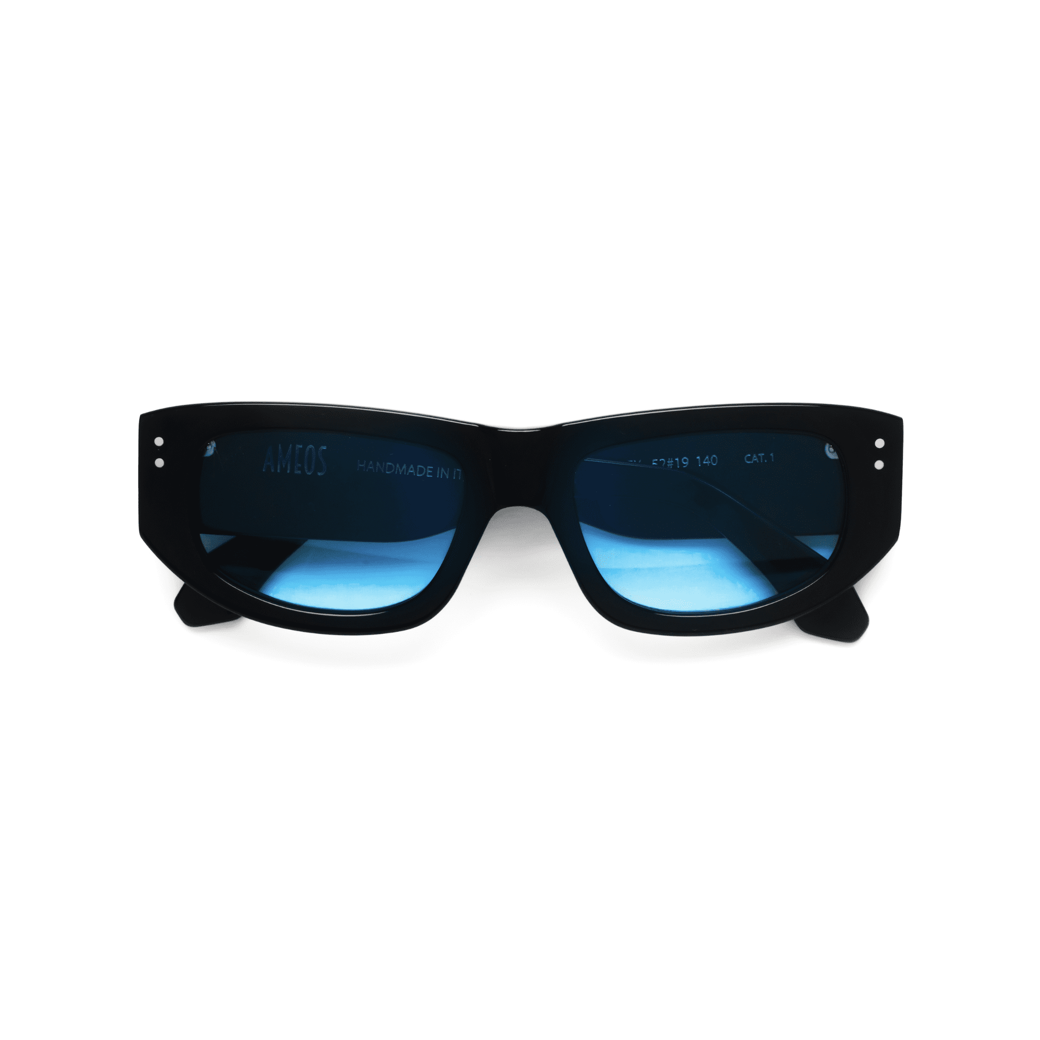 Ameos Forever collection Lex model. Black frames with turquoise lenses. Front view temples crossed. Genderless, gender neutral eyewear