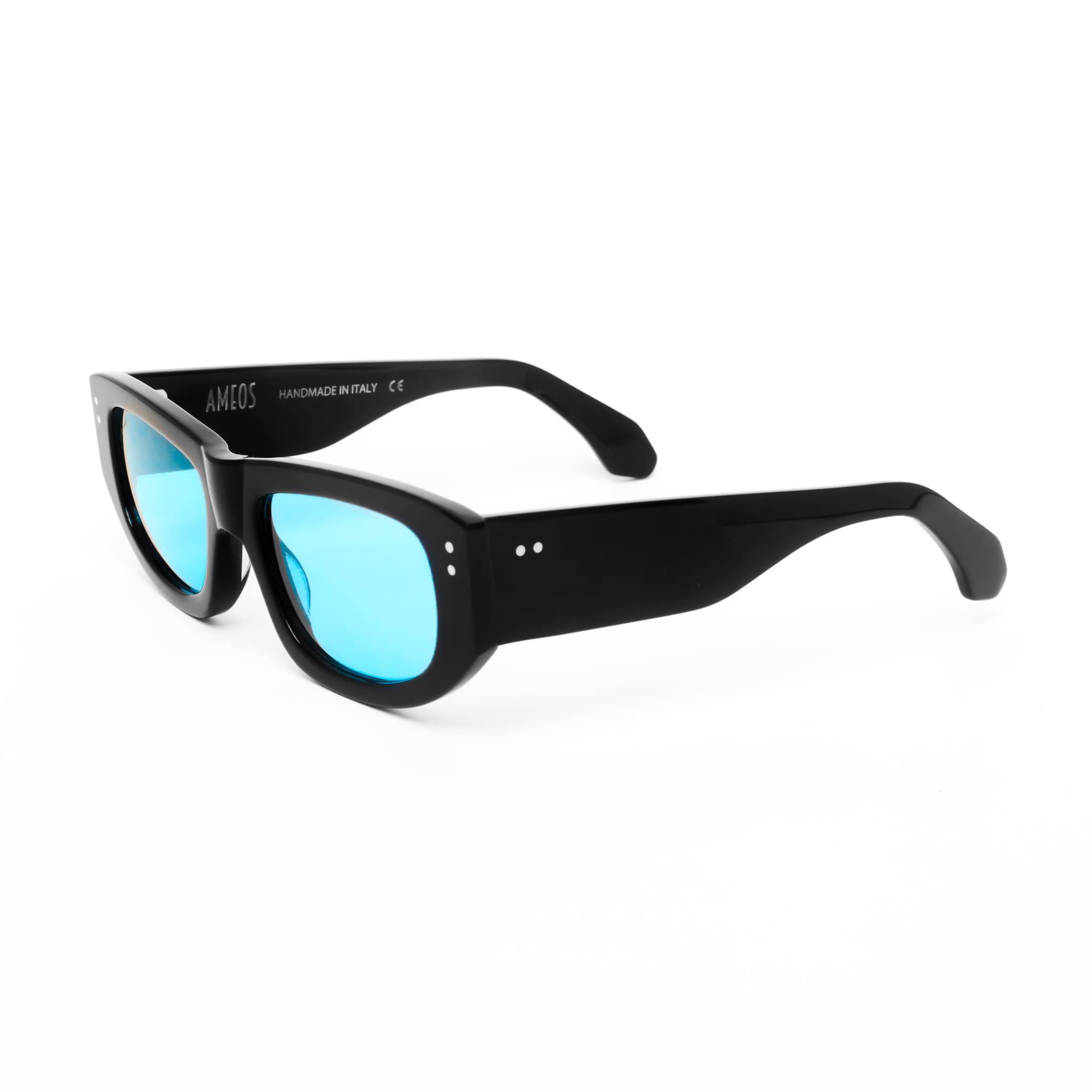 Ameos Forever collection Lex model. Black frames with turquoise lenses. Side view. Genderless, gender neutral eyewear