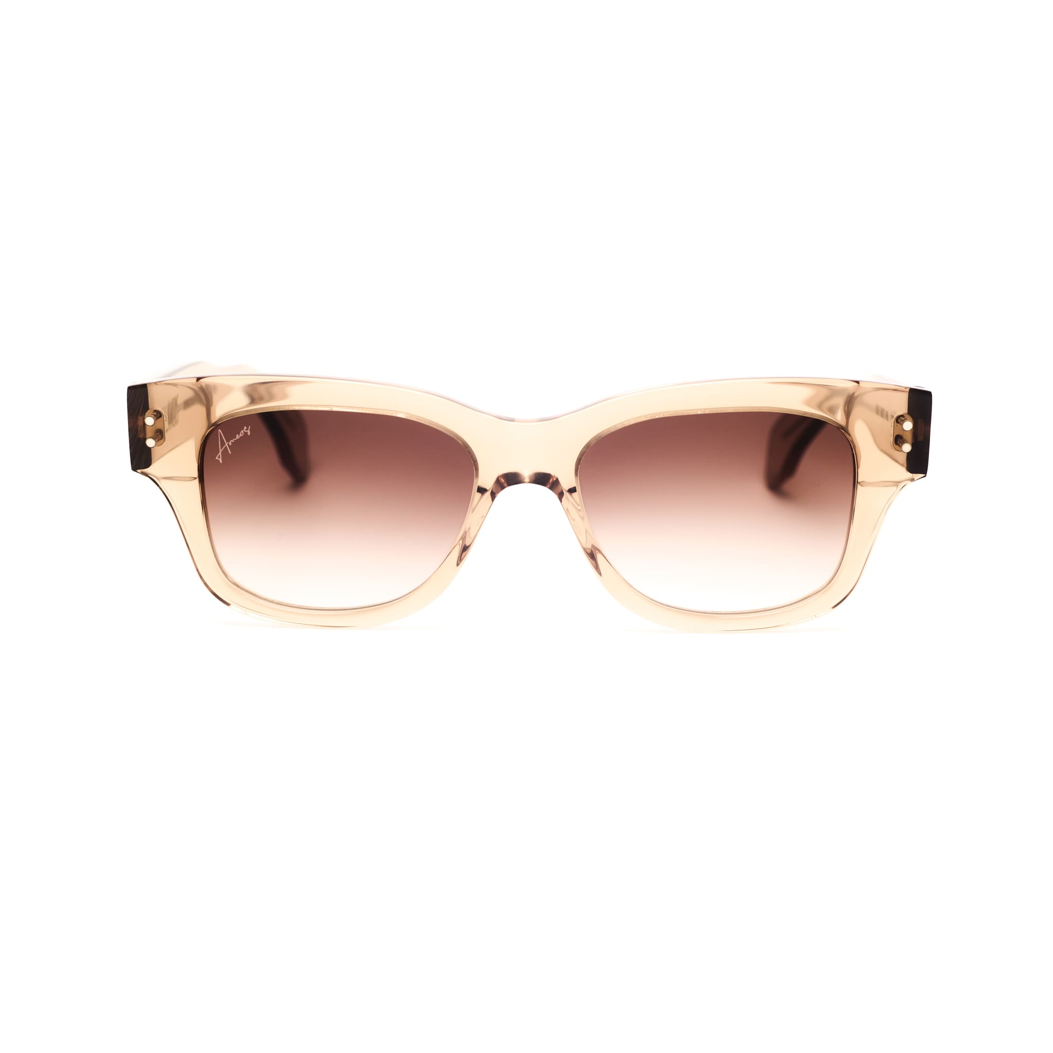 Ameos Forever collection Lou model. Beige transparent frames with brown lenses. Front view. Genderless, gender neutral eyewear