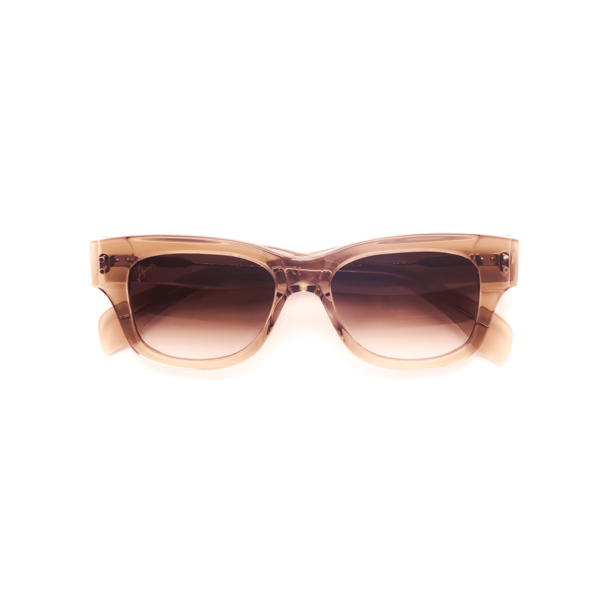 Ameos Forever collection Lou model. Beige transparent frames with brown lenses. Front view temples crossed. Genderless, gender neutral eyewear