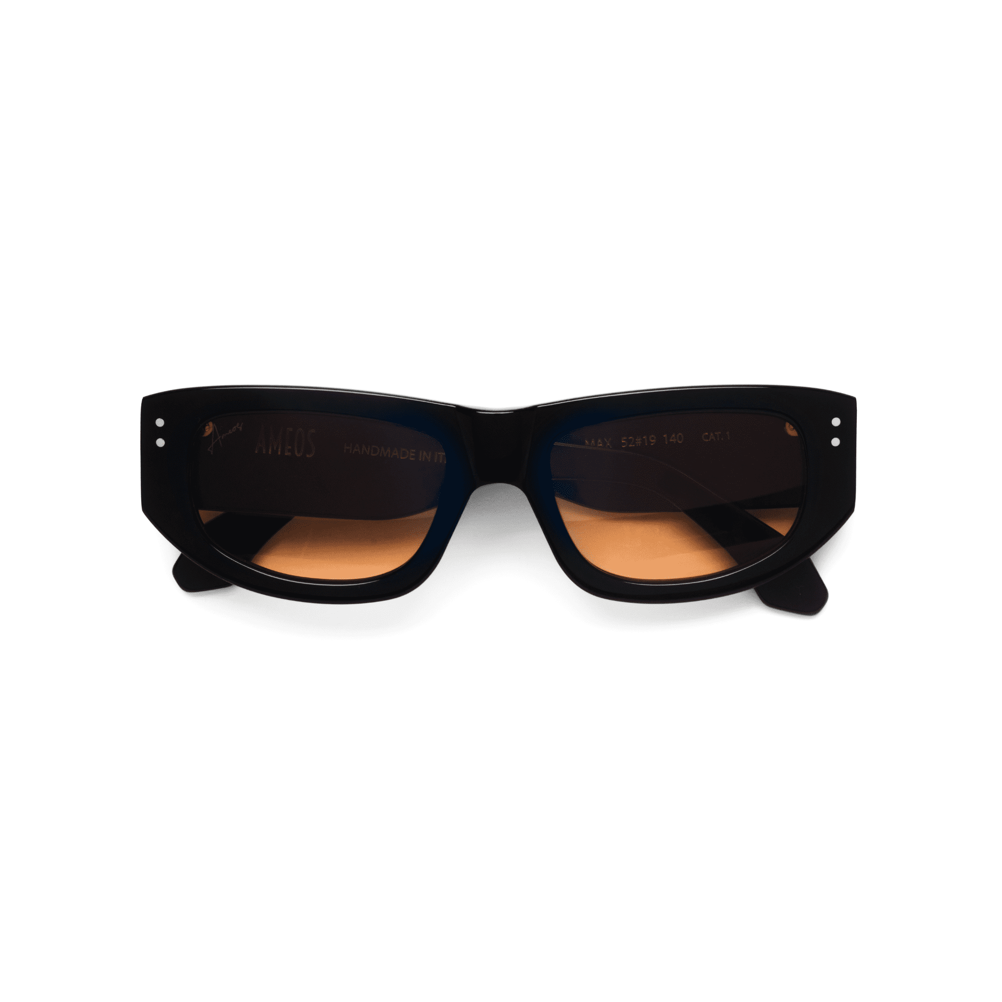 Ameos Forever collection Max model. Black frames with orange lenses. Front view temples crossed. Genderless, gender neutral eyewear